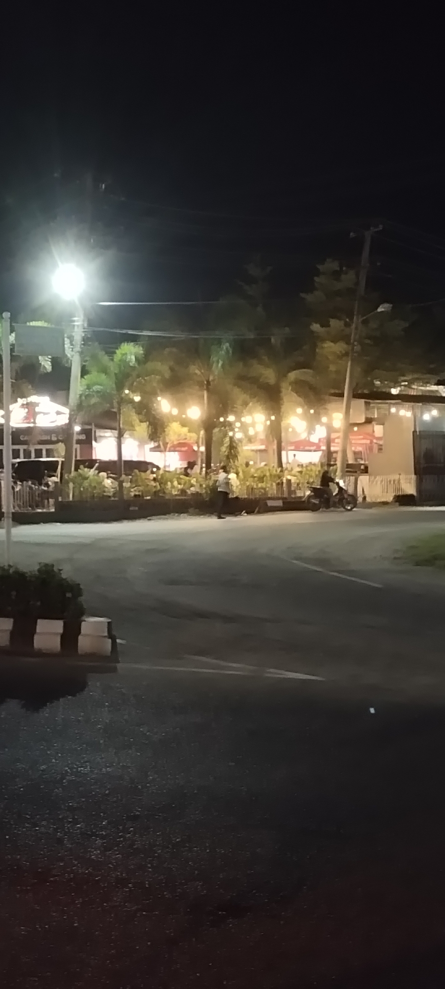 At night, the city of Unknown, Unknown shows a street scene illuminated by a streetlight on the left. A restaurant or cafe sits back from the road with string lights hung between palm trees. A person stands in front of the restaurant and a motorcycle is parked nearby. The road is dark and wet with white lane markings. White and gray square planters line the left side of the road in the foreground. Power lines are visible overhead, strung between utility poles.