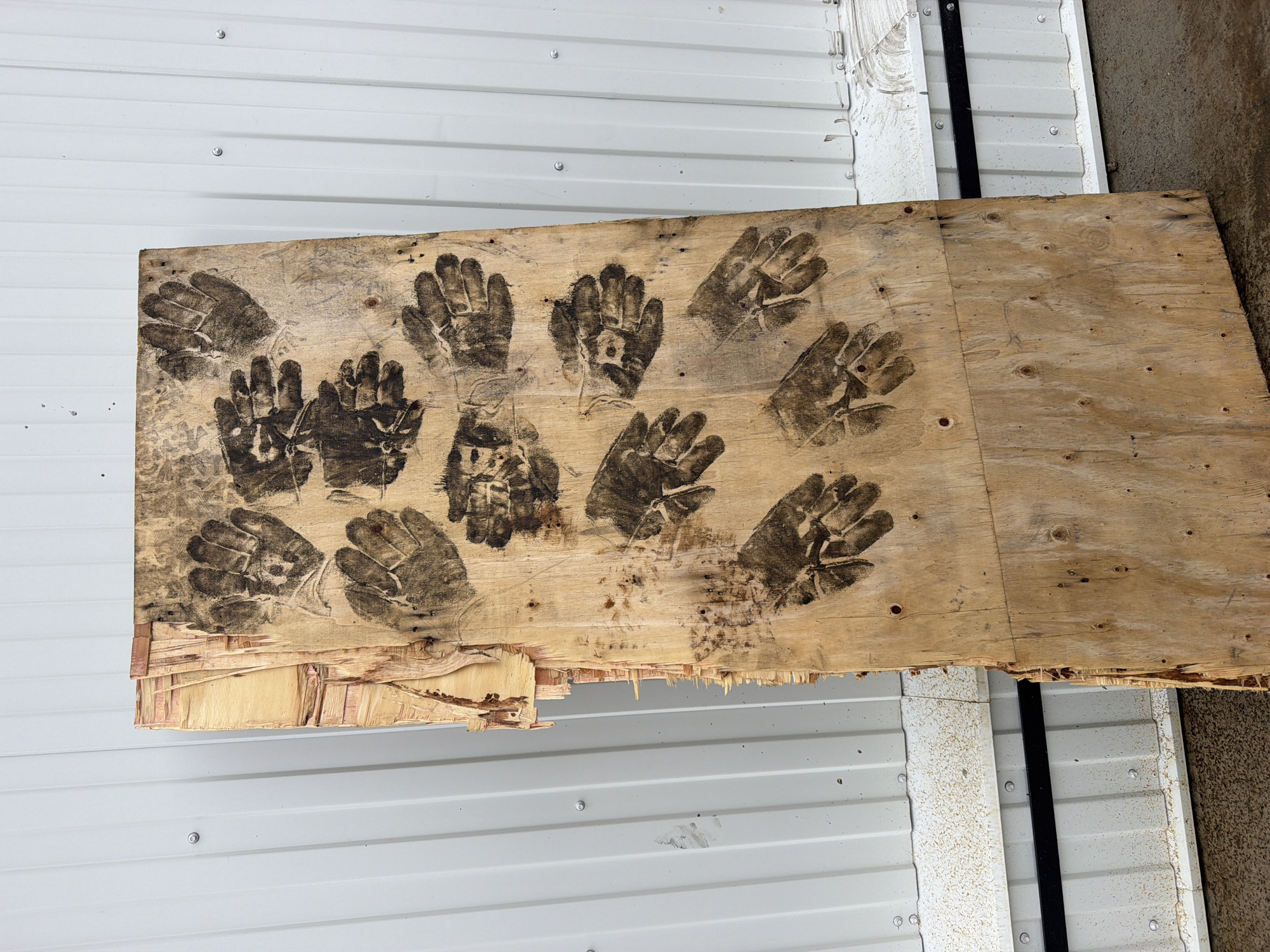 A rectangular piece of worn and damaged plywood is situated against a corrugated metal wall and a concrete surface. The plywood displays a pattern of approximately 11 or 12 handprints in a dark, possibly sooty or inked, substance. The plywood is splintered and partially delaminated on one edge. The corrugated metal wall has a series of fasteners visible. The location cannot be determined from the image.