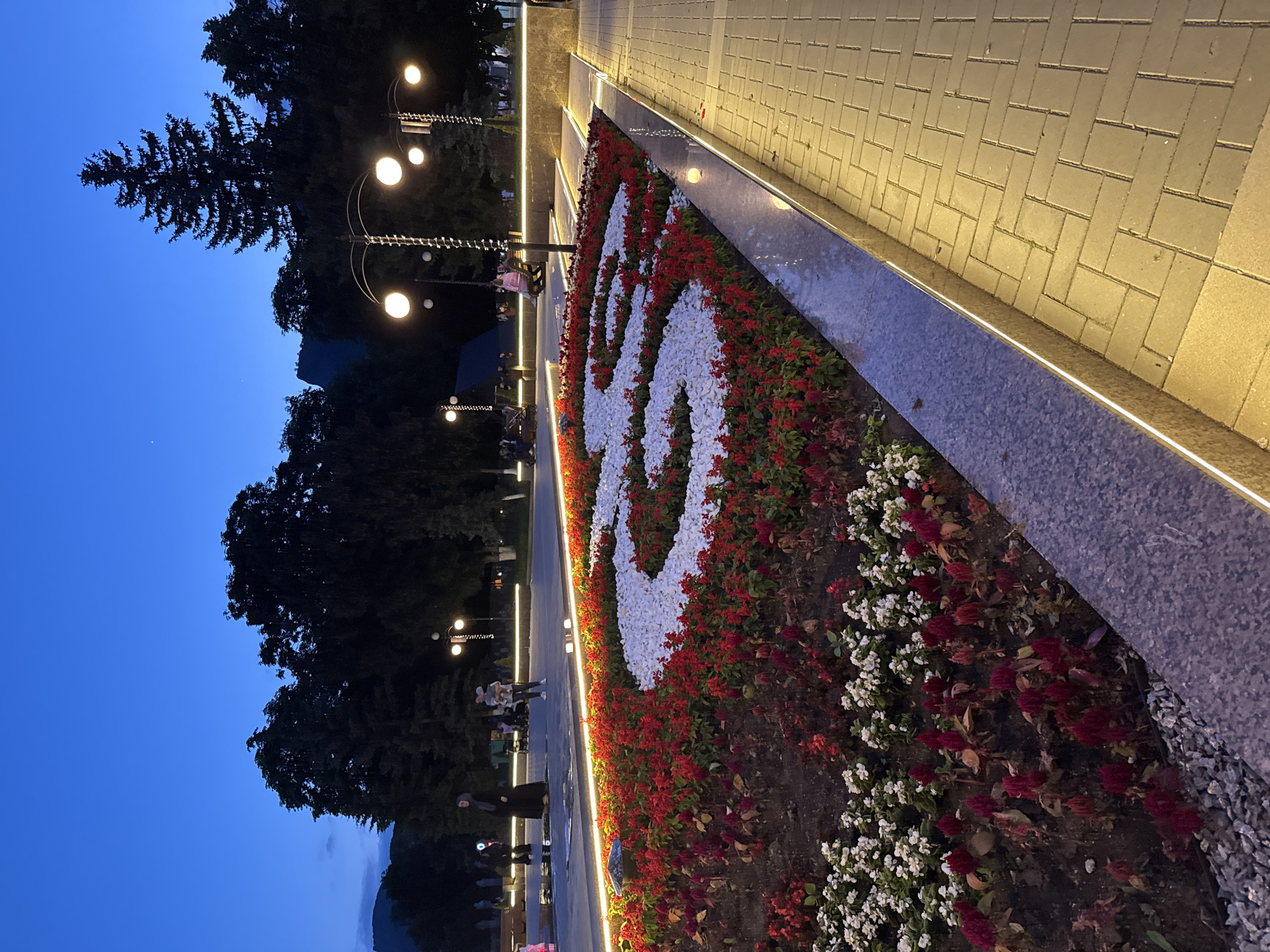 The image depicts an outdoor scene in Karachayevsk, Russia, at dusk. In the foreground, a large flower bed is arranged in a swirling pattern using white stones and red and white flowers. The flower bed is bordered by a granite curb illuminated by embedded LED lights, which also line a paved walkway in the mid-ground and background. Beyond the flower bed, several people are visible in the mid-ground, including a woman in a dark hijab and a woman holding a child. In the background, trees and streetlights with glowing spherical lamps are present. The sky is a deep blue, suggesting the late evening. The overall impression is a public park or square area that is well-lit and maintained.