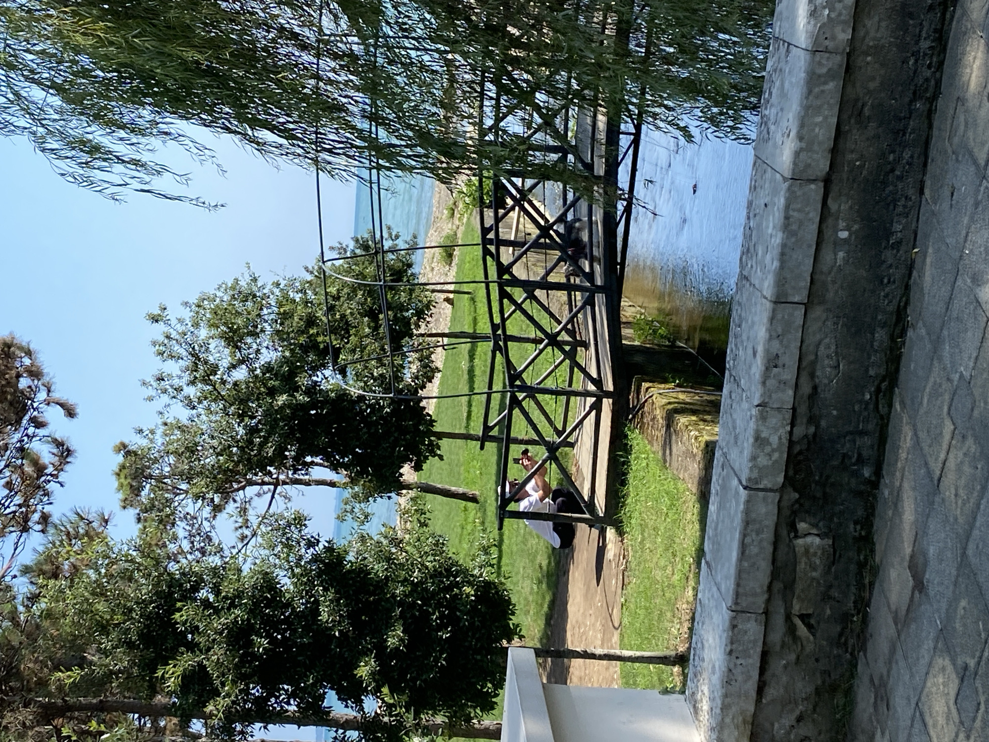 The image depicts a serene outdoor scene in Sokhumi, Abkhazia, featuring a picturesque bridge spanning a calm body of water. A person, wearing a white shirt and a cap, is seen crouching near the bridge, seemingly engaged in taking photographs with a phone. The environment is lush with green grass and trees, including a prominent weeping willow in the foreground. The background reveals a glimpse of the Black Sea under a clear blue sky. The bridge itself is constructed with dark metal railings and a wooden walkway. A stone wall in the foreground, constructed from large, weathered blocks, adds a rustic element to the scene. The overall atmosphere is tranquil and invites contemplation.