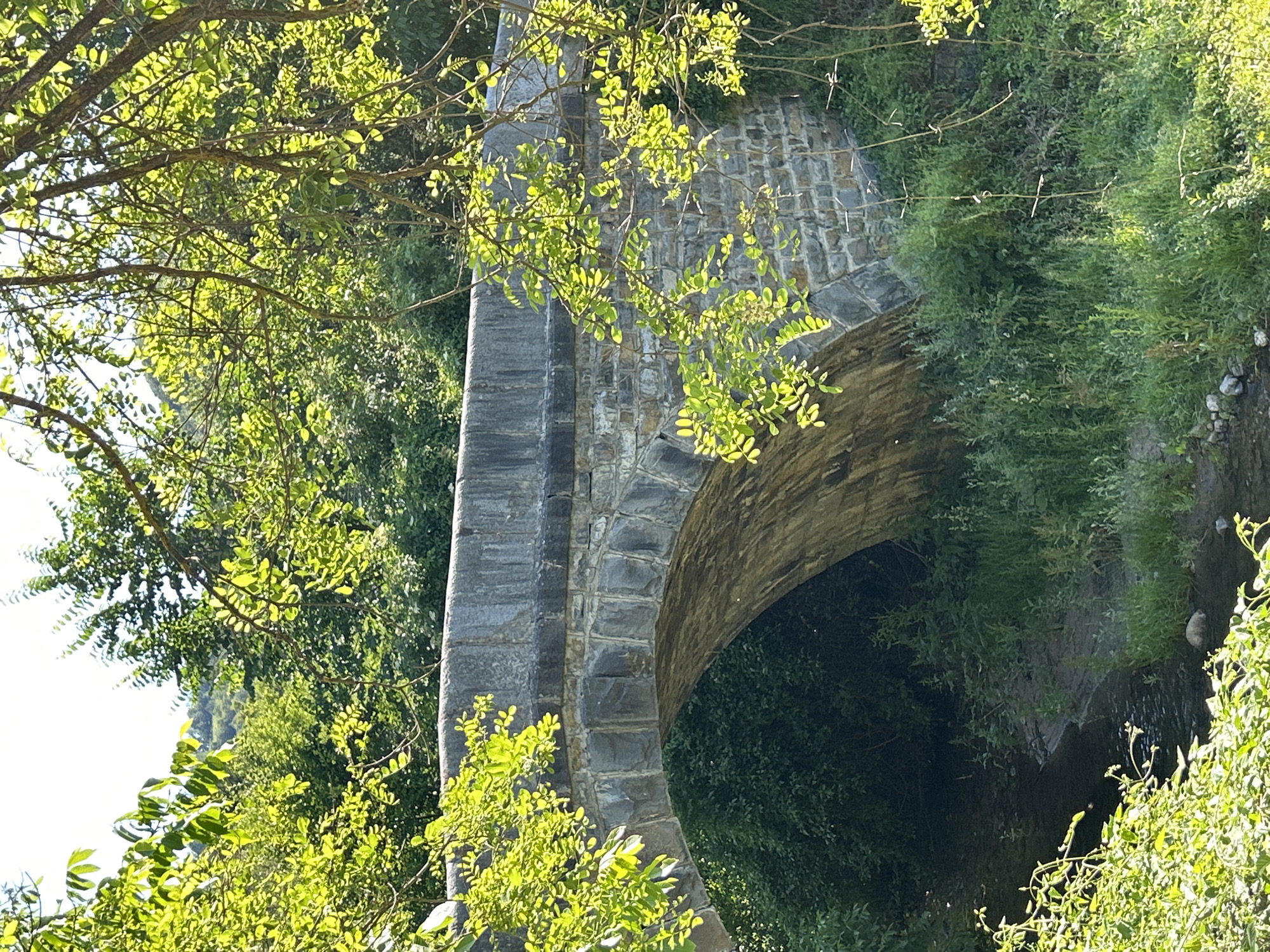 A stone arch bridge spans a small stream in a verdant, wooded area. The bridge is constructed from rough-hewn stones of varying sizes, with larger, more uniformly cut stones forming the parapet and keystones. Lush green foliage from trees with bright green leaves drapes over the bridge and surrounds the scene, with sunlight filtering through the leaves, creating dappled light. The stream flows gently below, with overgrown vegetation on its banks. The environment appears natural and untamed, suggesting a rural or park-like setting. There are no people or animals visible in the image.