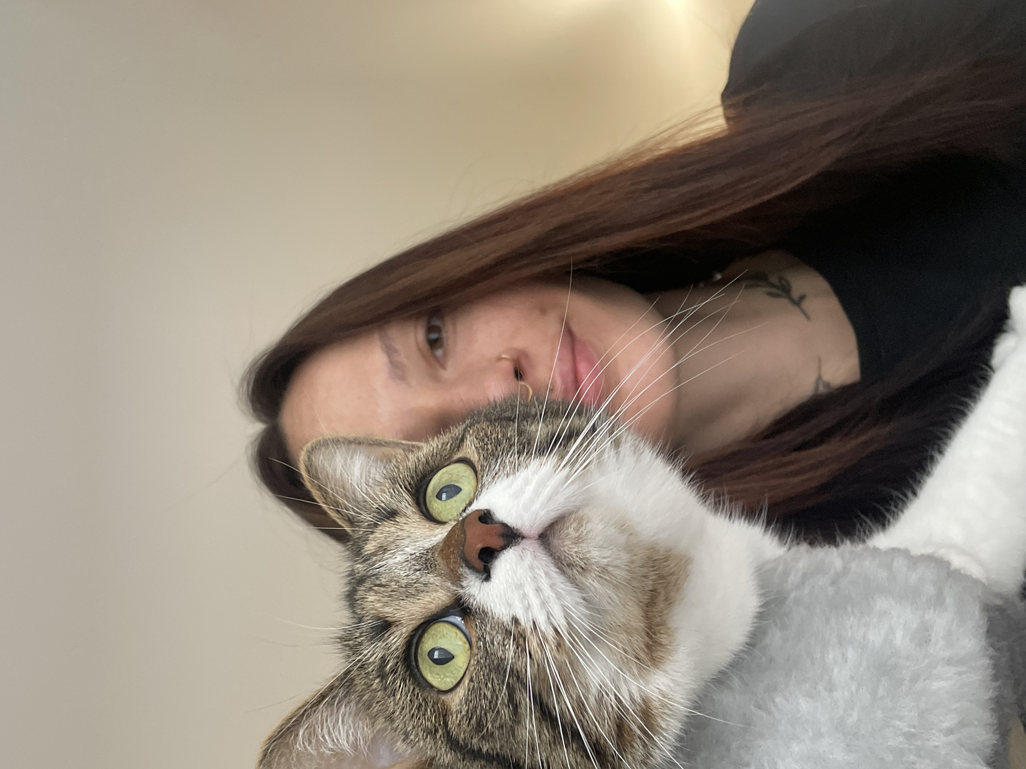 The image presents a tilted, close-up shot featuring a person and a cat in an indoor setting. The foreground is dominated by a domestic short-haired tabby cat, viewed from below and looking directly upwards. The cat has striking, wide bright green eyes with vertical pupils, a reddish-brown nose, and numerous long, white whiskers fanning outwards. Its fur exhibits a classic tabby pattern with brown, grey, and black stripes on its face and ears, contrasting with a white muzzle and chest.
Behind and to the side of the cat, the upper part of a person's head and body is visible. The person has long, straight brown hair and is seen from a low angle. Visible features include one eye, a nose ring (septum piercing), and a tattoo resembling a leafy branch on their neck or upper chest. They appear to be wearing a dark-colored top.
The background consists of a plain, light-colored surface, likely a wall or ceiling, suggesting an indoor environment. A soft, light grey, furry texture is partially visible in the bottom right corner, possibly a blanket or a piece of cat furniture. The photo appears to be a selfie taken by the person, with the cat positioned closely to the camera, displaying an alert and curious expression. No specific location cues, time of day indicators, or visible text are present.