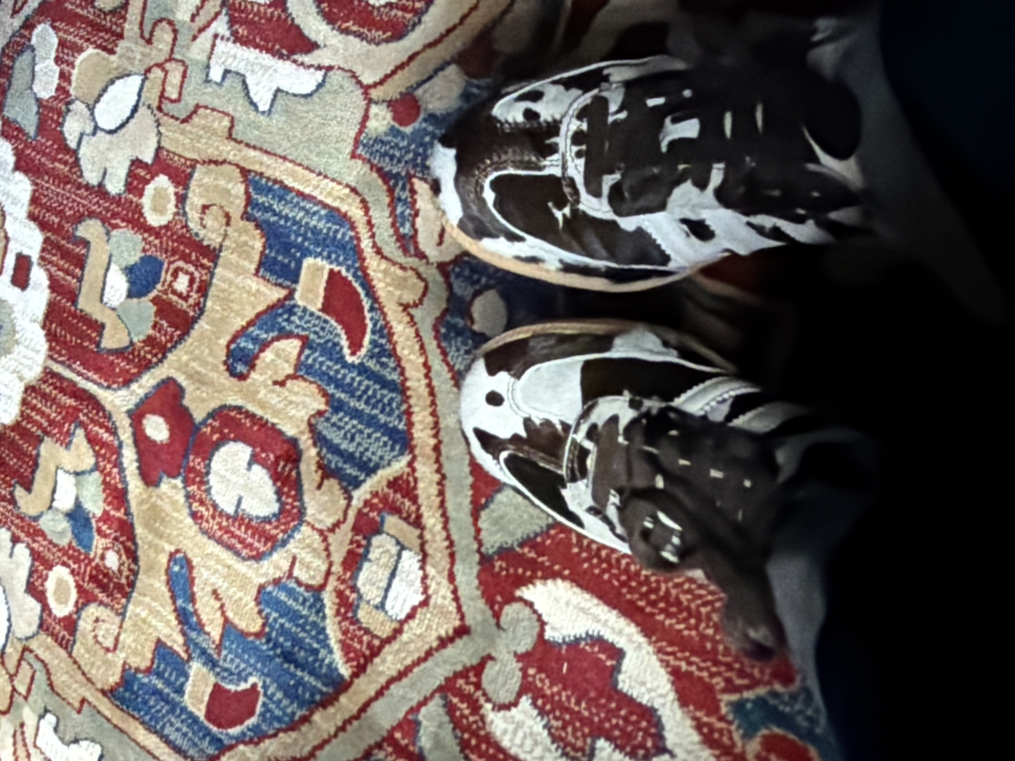 The image shows a pair of brown and white sneakers with a cow-like pattern on a patterned rug. The rug has a mix of beige, red, and blue designs. There is no information to determine location in Moscow, Russia.