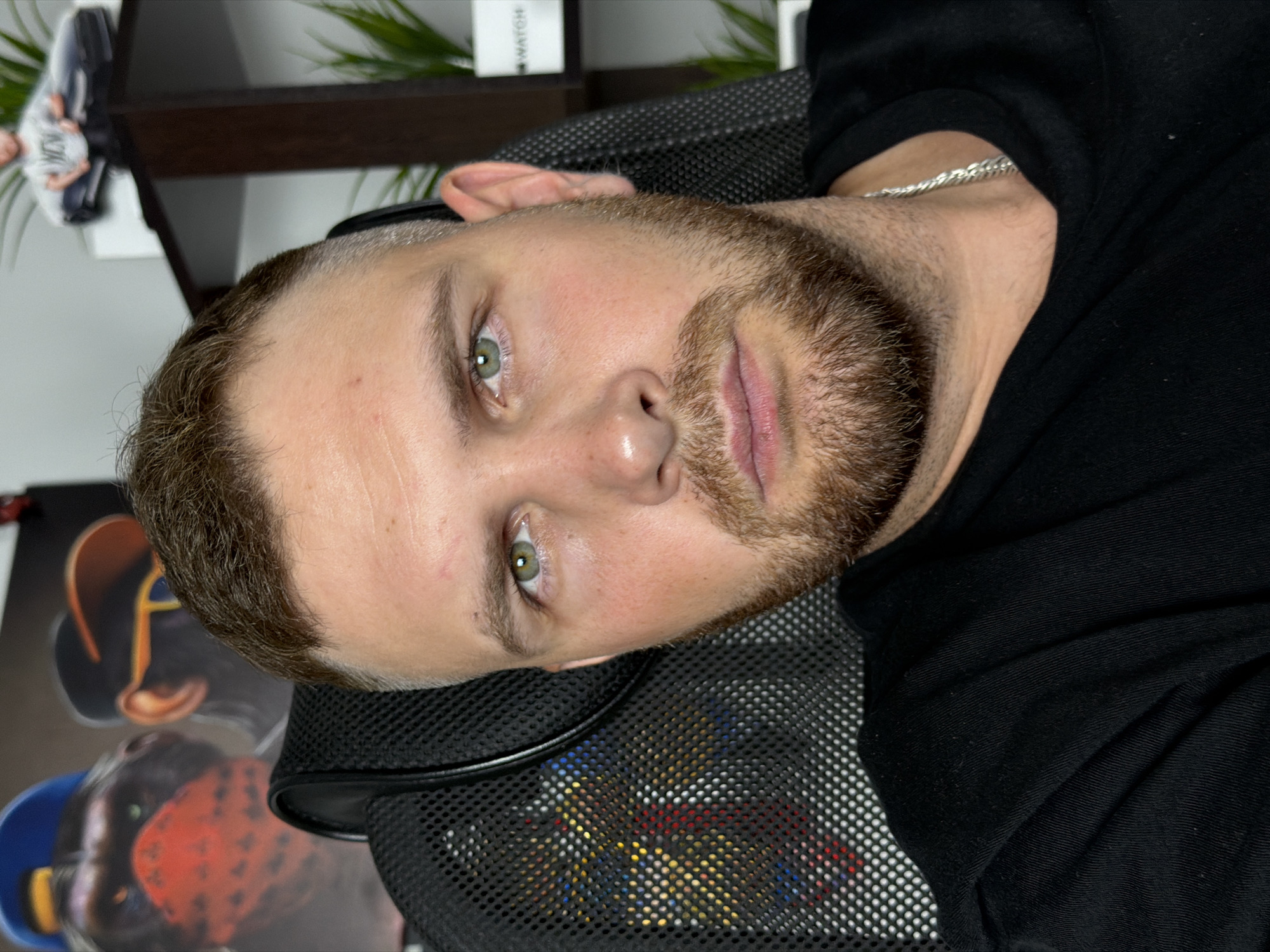 A man is seated in a black office chair, looking directly at the camera. The chair has a mesh back with colorful accents visible through it. The man has short brown hair, a beard, and green eyes. He is wearing a black t-shirt and a silver chain. In the background, to the left, are two posters. One depicts a monkey wearing a red bandana and a blue cap, and the other shows a person wearing an orange cap. To the right, on a shelf, is a small figurine of a person sitting in a car and a potted plant. The overall scene appears to be indoors, likely in a home office or gaming setup. There is no identifiable information in the image to suggest a specific location in Chaikovsky, Russia.