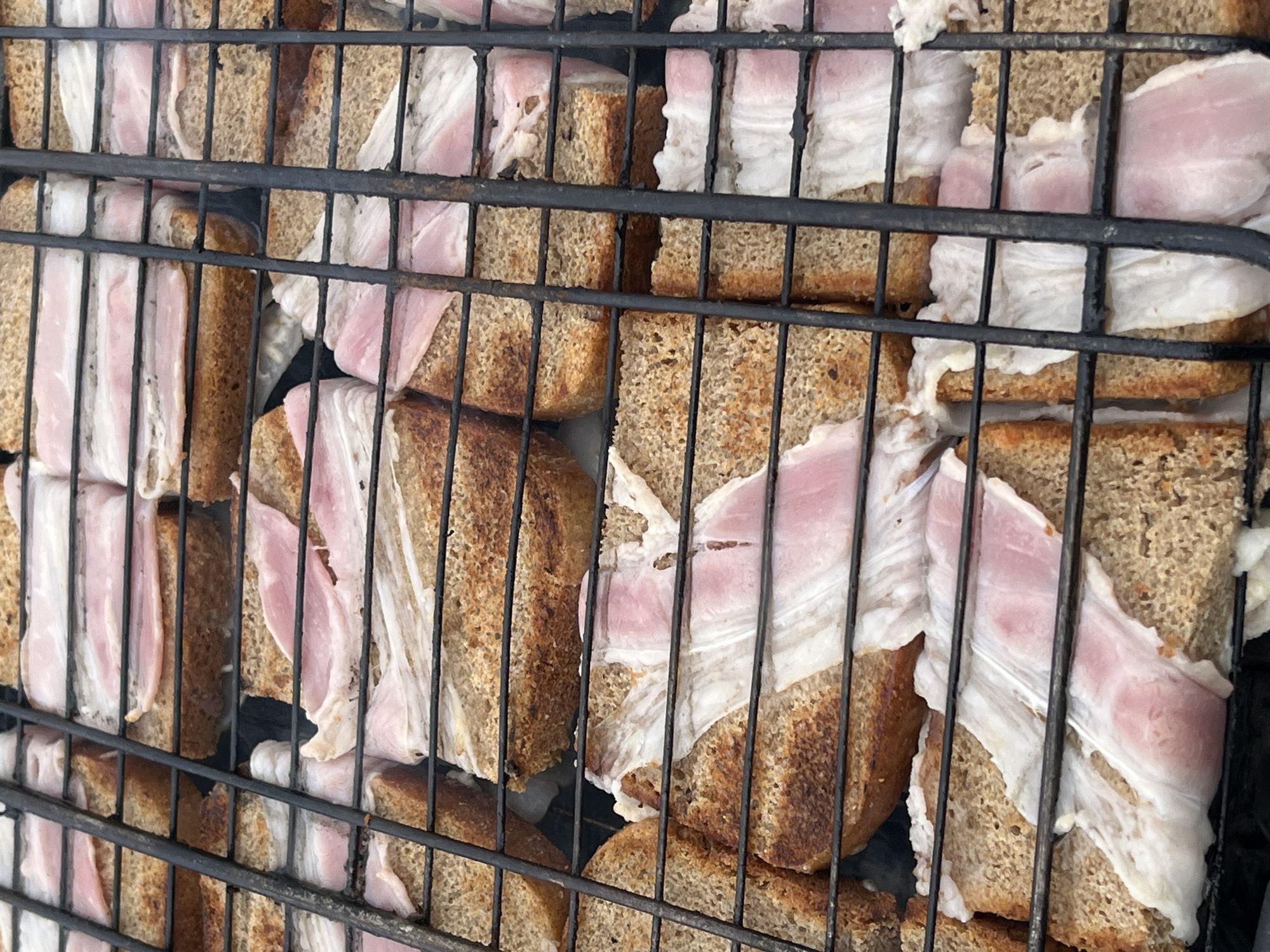 A close-up shot shows slices of bread topped with bacon on a grill. The bread is dark brown, indicating rye or whole wheat, and appears to be toasted. The bacon is thinly sliced with visible streaks of pink meat and white fat. The grill grate is made of black metal bars that run horizontally and vertically, creating a grid pattern over the food. Some of the bacon is slightly curled, suggesting it is being cooked. The background is out of focus, but hints at an outdoor setting, possibly a barbeque. The scene does not provide any specific information about the location in Il'ino, Russia.