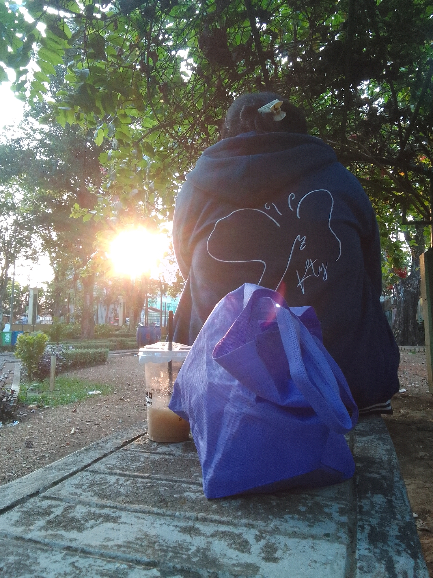 The image captures a moment in Desa Pamijen, Kecamatan Sokaraja, Indonesia, likely in the late afternoon due to the warm, low angle of the sun. A person, viewed from behind, is seated on a rough, concrete surface. They are wearing a dark hooded sweatshirt with a white line drawing on the back, appearing to be an abstract representation of a figure. A white clip is visible in their hair.
In front of the person, on the same concrete surface, rests a clear plastic cup with a straw and a light-brown beverage, possibly iced tea or coffee, half-filled. Next to the cup is a bright purple reusable shopping bag, its fabric creased. The concrete surface appears worn and weathered, with visible cracks and discoloration.
The background is dominated by lush green foliage and trees, with the sun's rays filtering through the leaves, creating a bright, lens-flare effect. The park-like setting includes a dirt path, low hedges, and some scattered litter. In the further background, there are glimpses of what appear to be park amenities, such as trash cans and fencing. The overall atmosphere is relaxed and natural, with the focus on the person and their immediate surroundings.