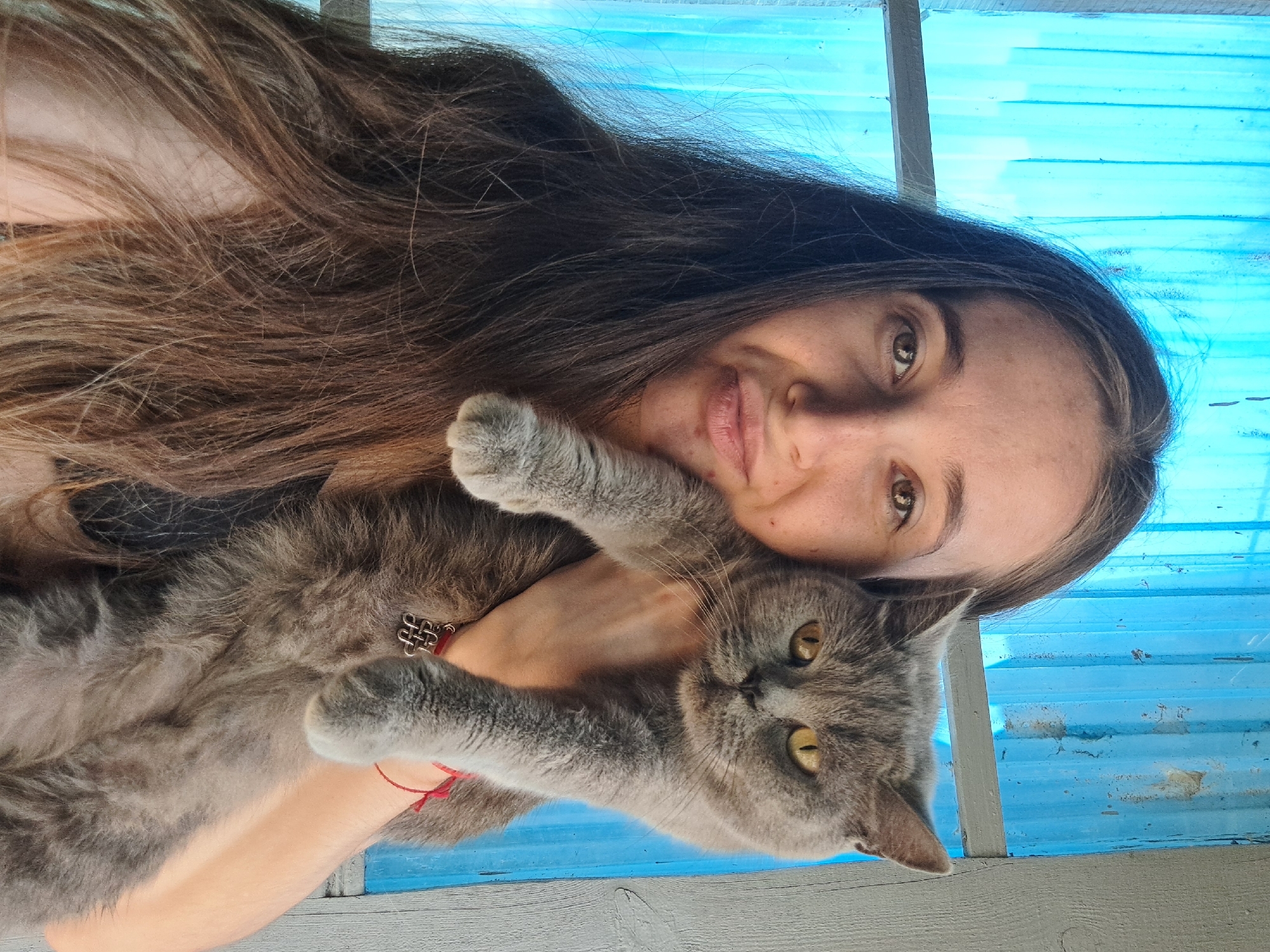 A young woman with long, dark brown hair is holding a grey cat with yellow eyes. The woman is looking at the camera with a slight smile and pursed lips. The cat is looking directly at the camera with a neutral expression. They are positioned in front of a blue, corrugated plastic sheet, likely a window or partition, with vertical lines. The background is partially obscured by the subjects and appears to be outdoors. A wooden frame is visible to the right of the blue sheet. A red string is tied around the woman's wrist, with a silver charm attached. The scene is lit by natural light, casting soft shadows. This image was taken in the village of Vypasne, Ukraine.