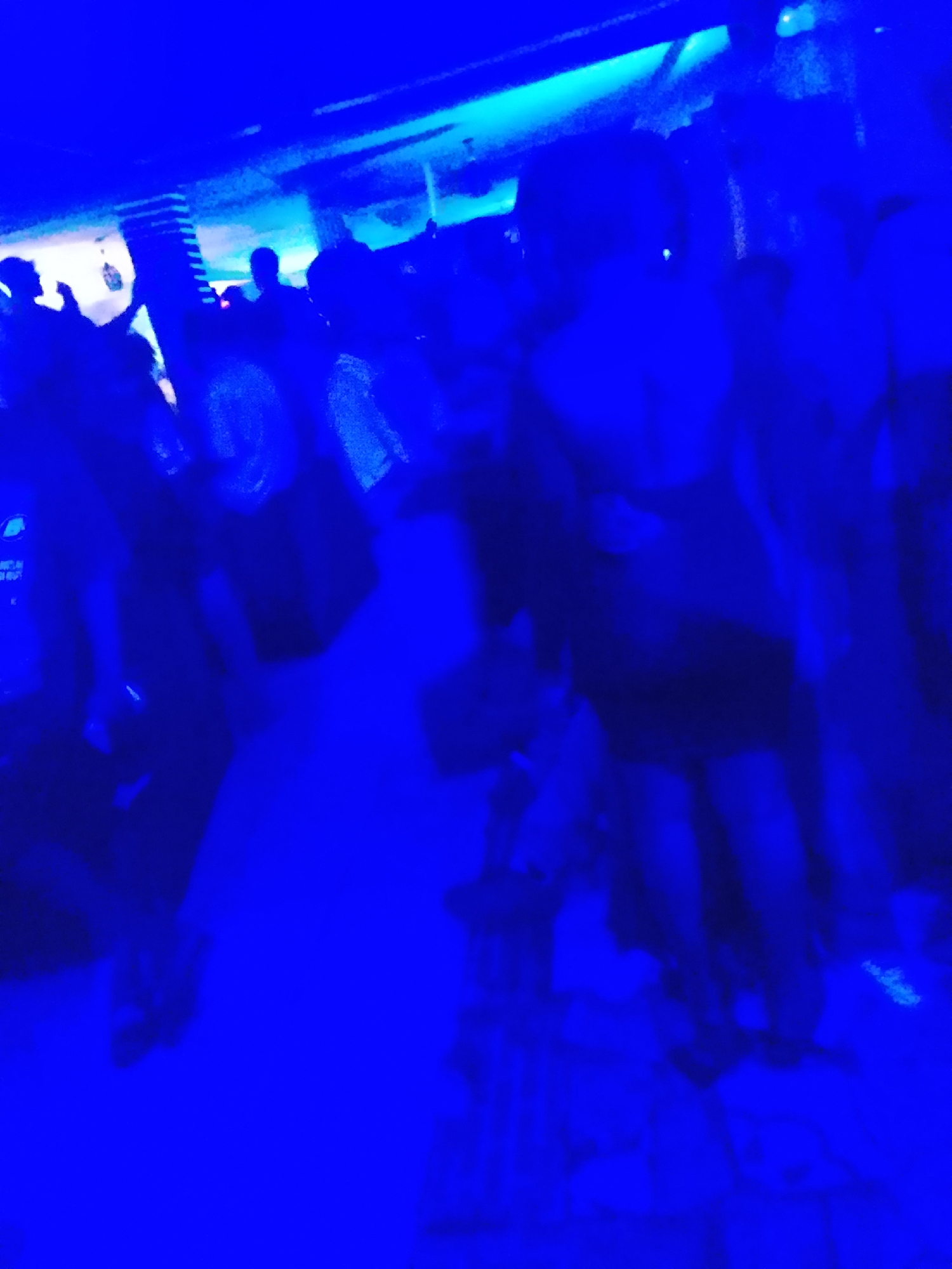In an indoor scene bathed in deep blue light, a group of people are visible, mostly as silhouettes due to the low lighting and vibrant blue illumination. The subjects appear to be dancing or socializing in what resembles a nightclub or party setting. The environment is dimly lit, with bright blue lights emanating from the ceiling and possibly from stage lighting. Some figures are standing, while others are in motion, suggesting an active and lively atmosphere. The overall impression is one of a social gathering taking place at night, characterized by dynamic lighting and the presence of multiple individuals.