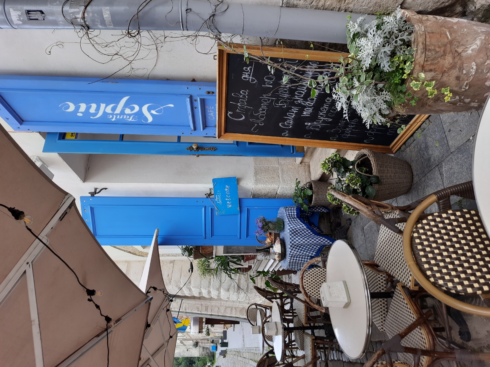 The image depicts an outdoor seating area of a cafe, identified as "Tante Sophie," located in Lviv, Ukraine. The cafe's entrance is marked by a vibrant blue double door, one of which is ajar, revealing the cafe's name painted in white cursive on its exterior. A small blue sign with "welcome" written in white text hangs on the open door.
The seating area is furnished with several round tables and wicker chairs with patterned seats, set on a cobblestone pavement. An umbrella provides shade over some of the tables. On one table, a blue and white checkered tablecloth is spread, adorned with a basket of bread, a vase of purple flowers, and a bottle.
A chalkboard menu, propped up on a wooden easel, stands near the entrance. The menu is written in white chalk and appears to list food and drink specials. Several potted plants, including a large terracotta pot filled with silvery-green foliage and ivy, add greenery to the scene.
In the background, a street lined with stone buildings is visible, hinting at the historic urban setting of Lviv. The overall impression is of a charming and inviting European cafe.