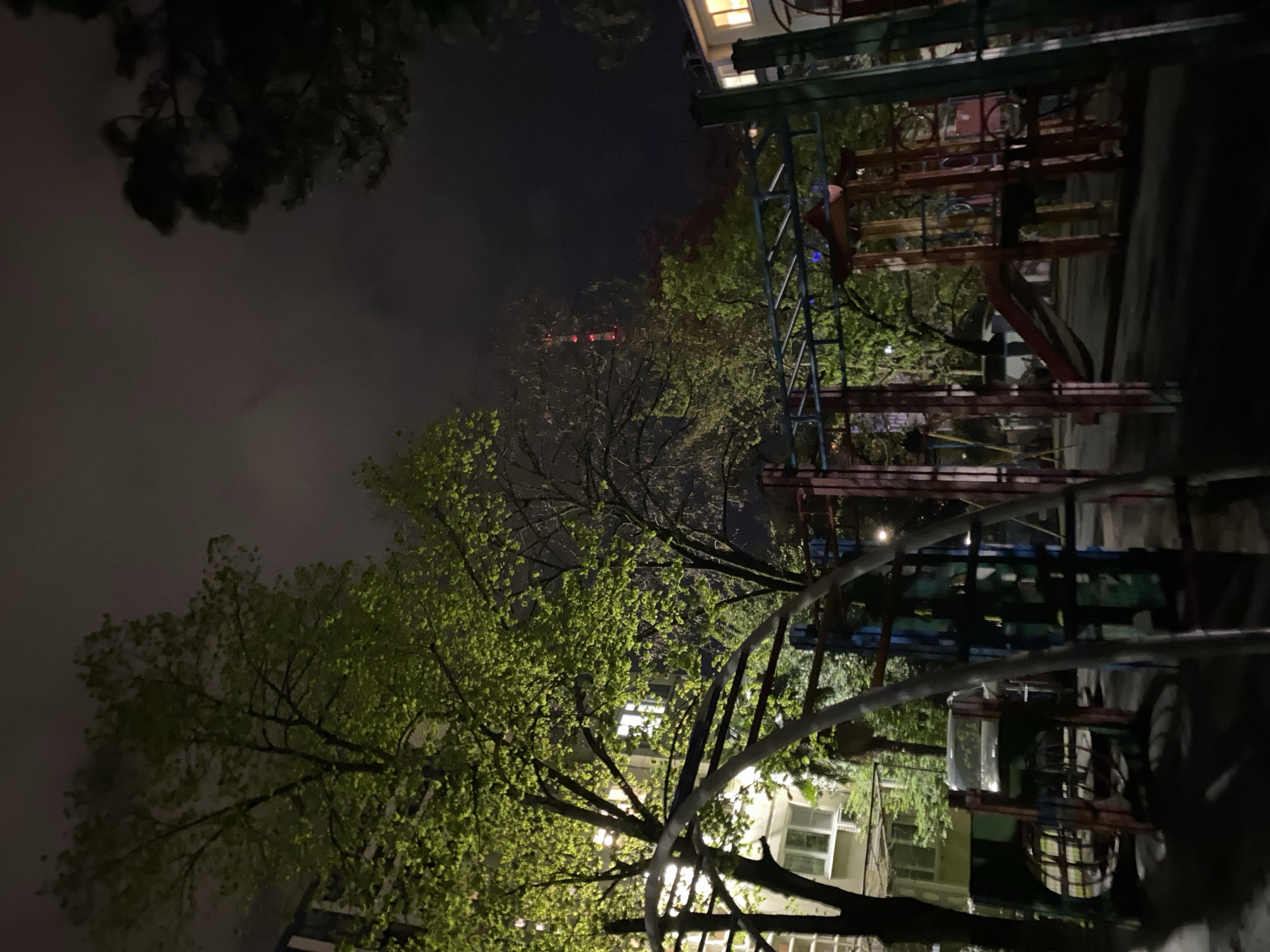 The image captures a tranquil night scene in what appears to be a park or playground area in Sochi, Russia. The time of day is clearly night, with the sky appearing dark and somewhat misty or cloudy.
In the foreground and midground, lush trees with bright green leaves are prominent, illuminated by unseen artificial light sources, likely streetlights or lights from nearby buildings. A large tree trunk stands out in the lower central part of the frame. To the right, an array of colorful playground equipment is visible, including red and blue metal climbing frames, monkey bars, and a slide. These structures are currently empty, indicating no activity is taking place.
In the background, behind the trees and playground equipment, buildings with illuminated windows can be seen, adding to the ambient light. The dark, cloudy sky is punctuated by a faint red light in the distance on the left, possibly from a tower, antenna, or distant city landmark. The overall impression is one of quietude and stillness. There is no visible text in the image.