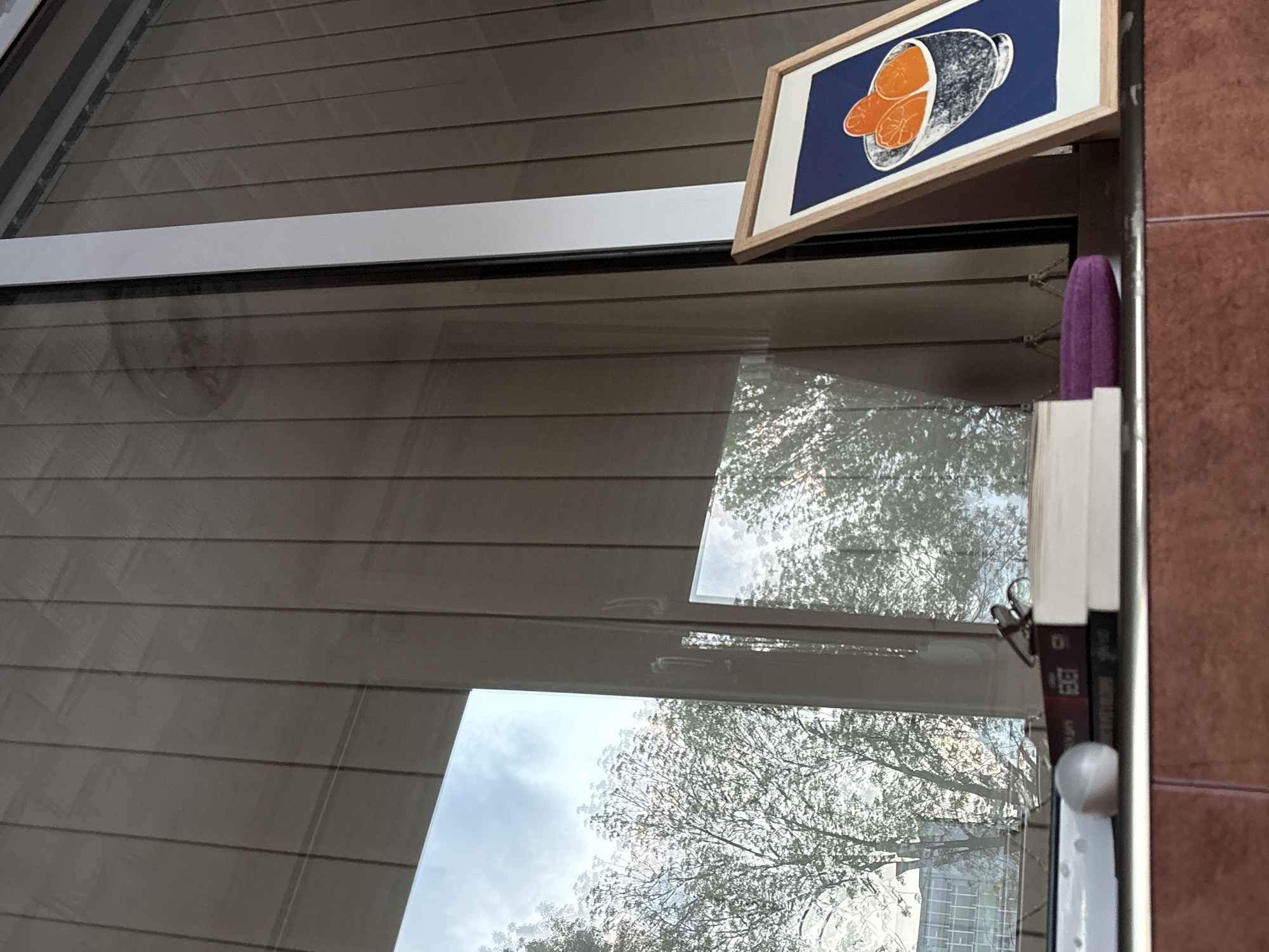 A medium shot captures the reflective surface of a glass window. The exterior view is reflected in the glass: a bright sky and the silhouette of a tree. Attached to the top right corner is a rectangular painting depicting fruit. Next to the painting is a purple, cylindrical object. Beside that is a stack of books bound by a silver binder clip. The location is not discernible from the image.