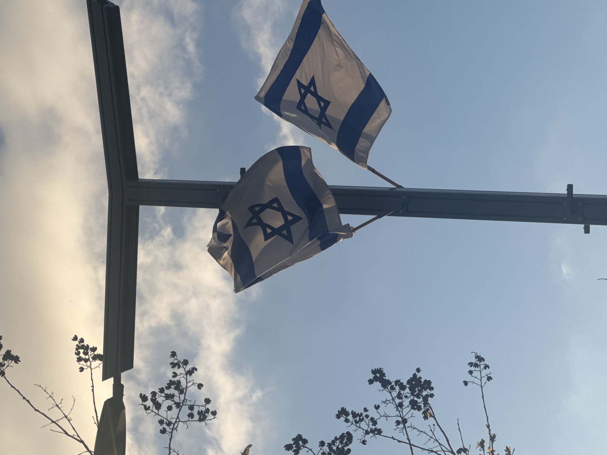 The image shows two Israeli flags mounted on a metal pole under a partially cloudy sky. The flags are white with blue stripes and a blue Star of David in the center. Bare branches of trees are visible in the foreground. The location is likely in Tel Aviv, Israel.