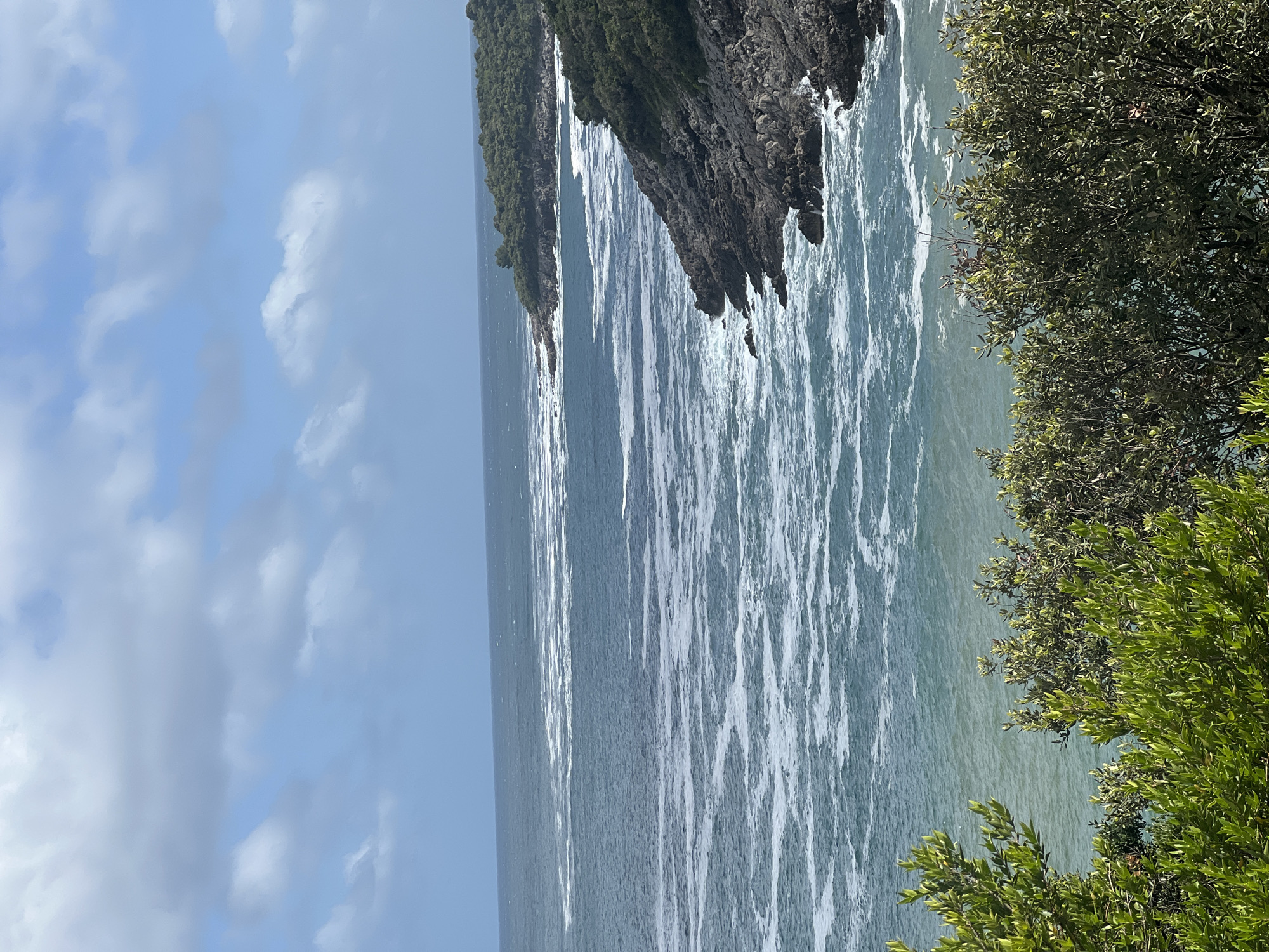 The image shows a coastal scene, likely taken in Dubraljevina, Montenegro, as per the request. The photograph is oriented vertically. On the left, the sky is visible with patches of light blue and white clouds. The main subject is the sea, which occupies most of the frame. The water appears turbulent, with a mixture of dark blue and white foam, indicating waves or strong currents. On the right side of the image, there is foliage, likely trees and bushes, suggesting a cliffside or coastal vegetation. In the upper right quadrant, there are jagged, dark rock formations covered with greenery, indicating a cliff face meeting the sea. The interplay of rock, sea, sky, and vegetation is captured in a natural, outdoor setting.