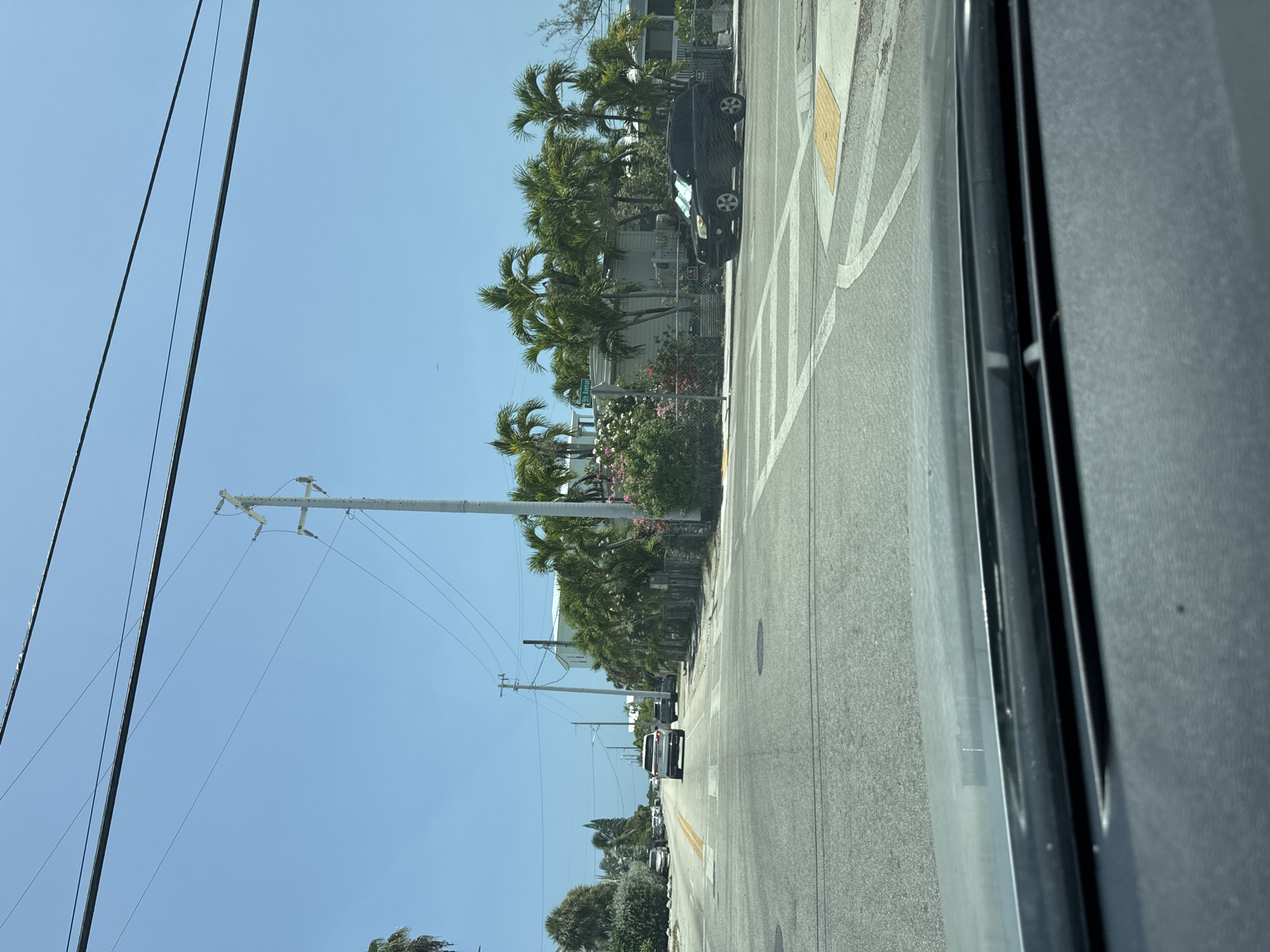 The image shows a street scene on Stock Island, USA. The perspective is from inside a vehicle, looking out at a road lined with palm trees and houses. The sky is a clear blue, suggesting a sunny day. A black SUV is parked on the side of the road, with other vehicles visible further down the street. Power lines crisscross the sky, supported by utility poles. The road has yellow and white lane markings. There is a street sign visible, but the text is not legible. The overall impression is a relaxed, tropical atmosphere.