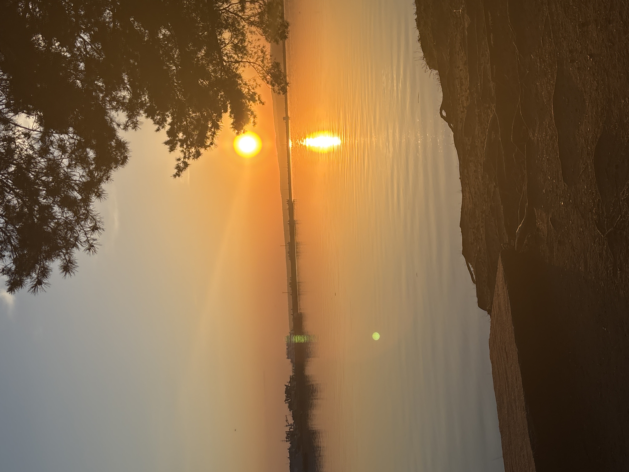The image shows a body of water reflecting the light of a sunset. On the left, the branches of a tree are visible, framing the scene. On the right, a steep bank rises from the water's edge. In the distance, the faint outline of buildings can be discerned along the horizon. The location is Unknown, Unknown.