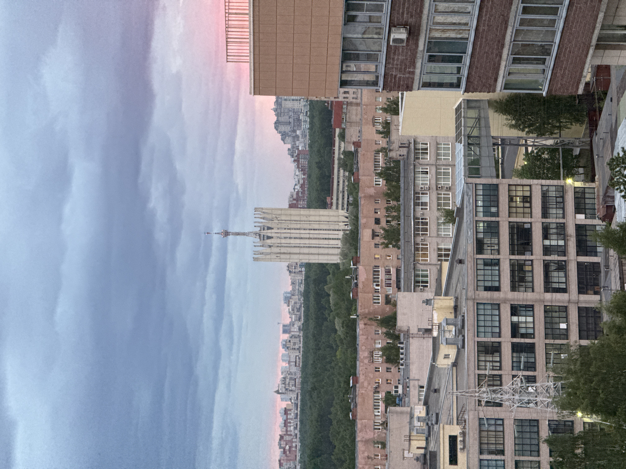 The image shows a cityscape at dusk in Sinyavino, Russia. The sky is a gradient of blue and pink, indicating twilight. In the distance, there is a forest line dividing the residential area. The tower stands out as a notable landmark. Various buildings, mostly residential, are densely packed with different architectural styles. There are power lines on the right side of the image. The overall scene is an urban landscape transitioning into night.