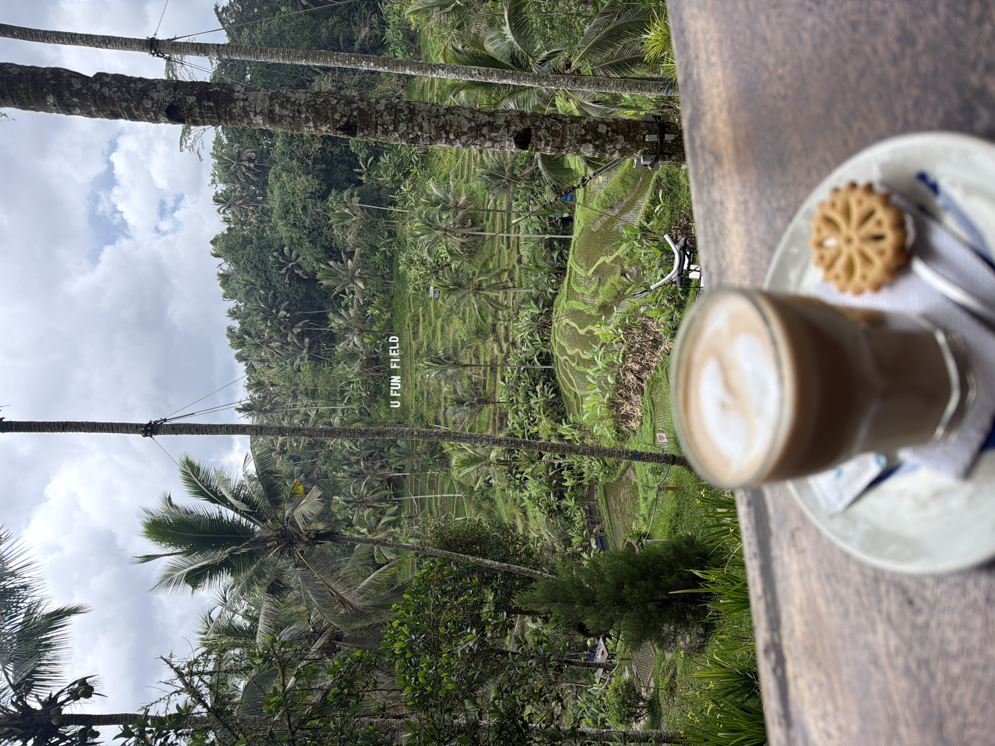 A high-angle, medium shot shows a latte on a saucer with a small cookie on a wooden table. The saucer also holds a wrapped sugar packet and a utensil. Beyond the table, the view is of a terraced rice paddy field in Tegal Suci, Indonesia. Trees and palm trees dot the landscape, and a sign that says "U Fun Field" is visible on one of the terraces. The sky is overcast. Electrical lines run through the trees.
