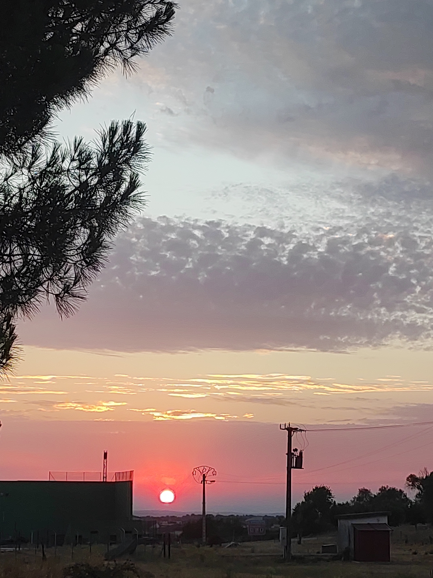 This is a photograph of a sunset over the rural landscape of Sobradillo, Spain. The sun, a bright red orb, is positioned low on the horizon, casting a vibrant pink and orange glow across the sky. Wispy clouds, tinged with purple and grey, stretch across the upper portion of the frame. In the foreground, the silhouette of a large green building with a metal railing on its roof is visible. To the right of the building, a utility pole with a transformer stands starkly against the colorful sky. Scattered trees and smaller structures are discernible in the middle ground and distance, hinting at a sparsely populated area. The overall impression is one of a serene, end-of-day scene in a Spanish countryside.