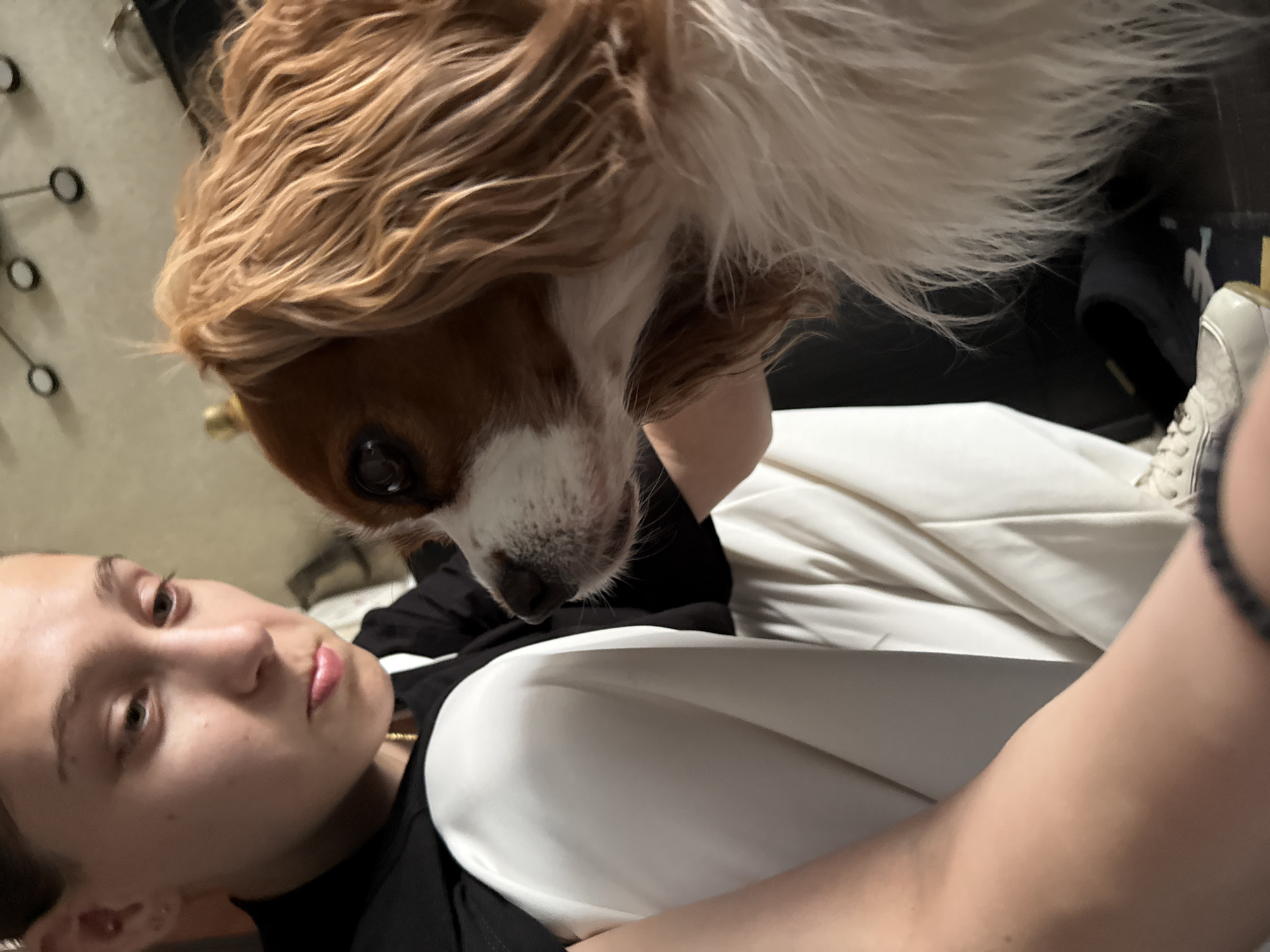 A young woman lies prone, viewed from the side. Her face is turned upwards toward the camera. A Cavalier King Charles Spaniel is positioned above her, its head tilted downwards as if examining her face. The woman is wearing a black shirt and white pants. The background is indistinct, with a decorative object visible on the wall. There is no evidence suggesting the image was taken in Sofia, Bulgaria.