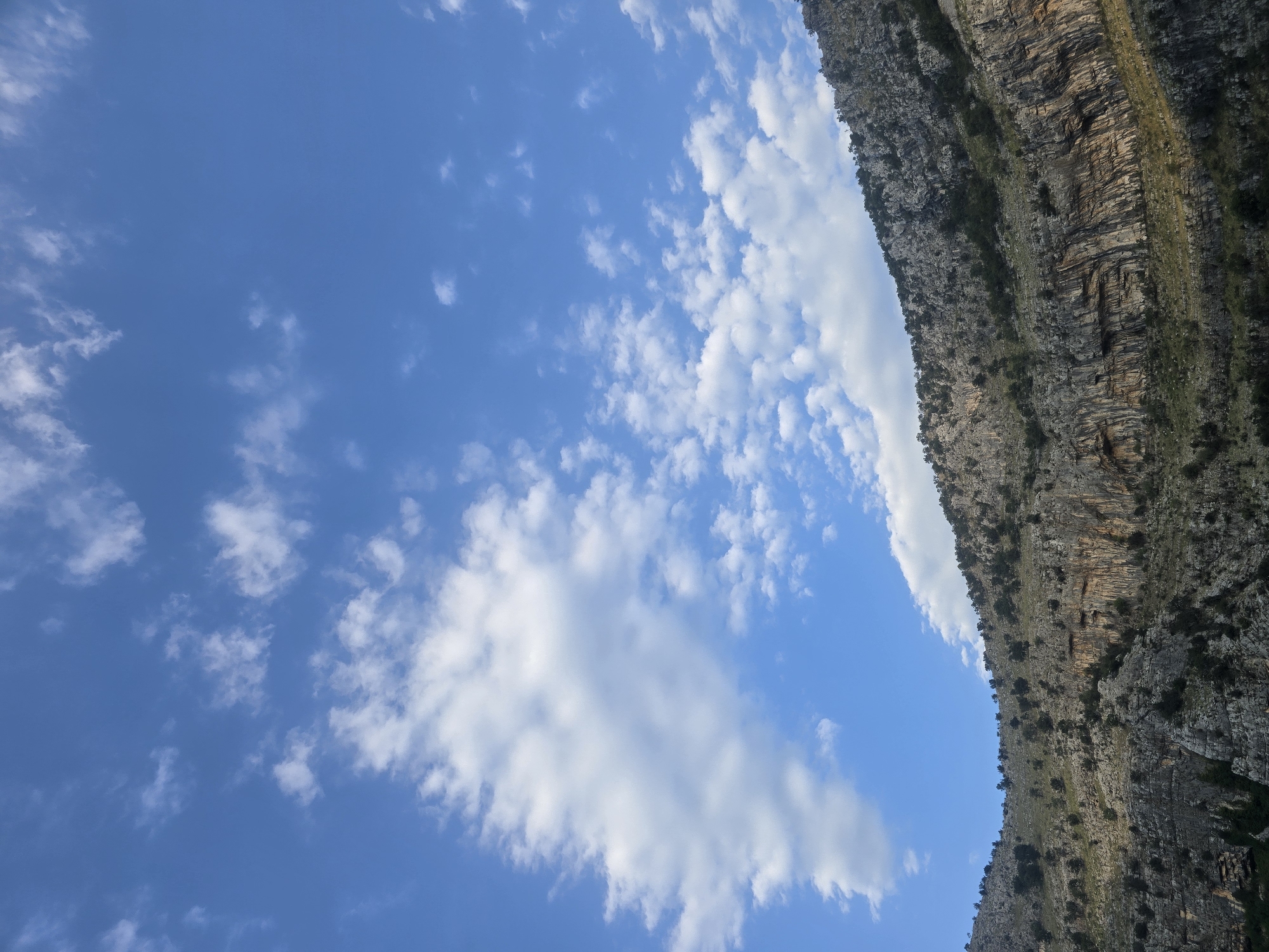 The image depicts a rocky mountainside with sparse vegetation under a bright blue sky dotted with fluffy white clouds. The mountain's rough, textured surface is illuminated by sunlight, casting shadows that highlight its contours and crevices. Small, dark green trees and shrubs are scattered across the slopes, clinging to the rocky terrain. The sky occupies the upper portion of the frame, a clear expanse of blue with scattered cumulus clouds that are illuminated from above. The scene appears to be an outdoor natural environment, likely a mountainous region. The location is identified as a part of the city of Podgorica, Montenegro. There are no people, animals, or man-made structures visible in the image.