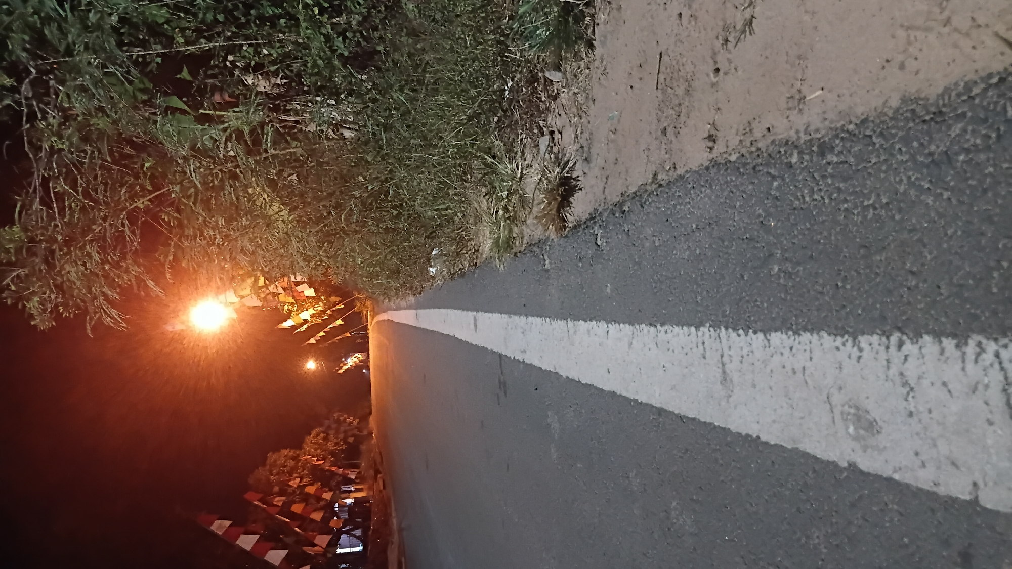 A low-angle, nighttime shot of a road in Prabumulih, Indonesia, illuminated by a street lamp. The road has a white line down the center and is flanked by dense vegetation on the right and trees adorned with Indonesian flags on the left, stretching into the distance. The sky is dark, with the bright street light creating a hazy glow. The overall atmosphere is one of a rural or suburban setting during a festival or celebration.