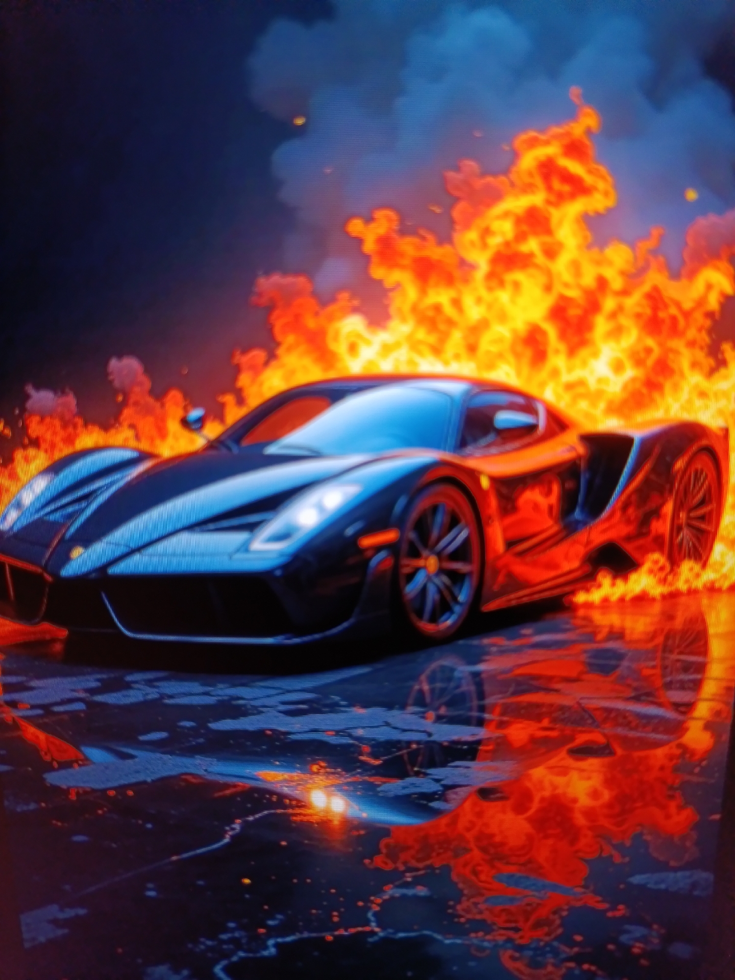 A dark blue sports car is parked on a wet, reflective surface. Behind the car, a large, intense fire is burning, with bright orange and yellow flames reaching high into a dark, smoky sky. The flames cast a strong red and orange glow on the car and the ground, creating dramatic reflections. The scene appears to be a dramatic and potentially destructive event.