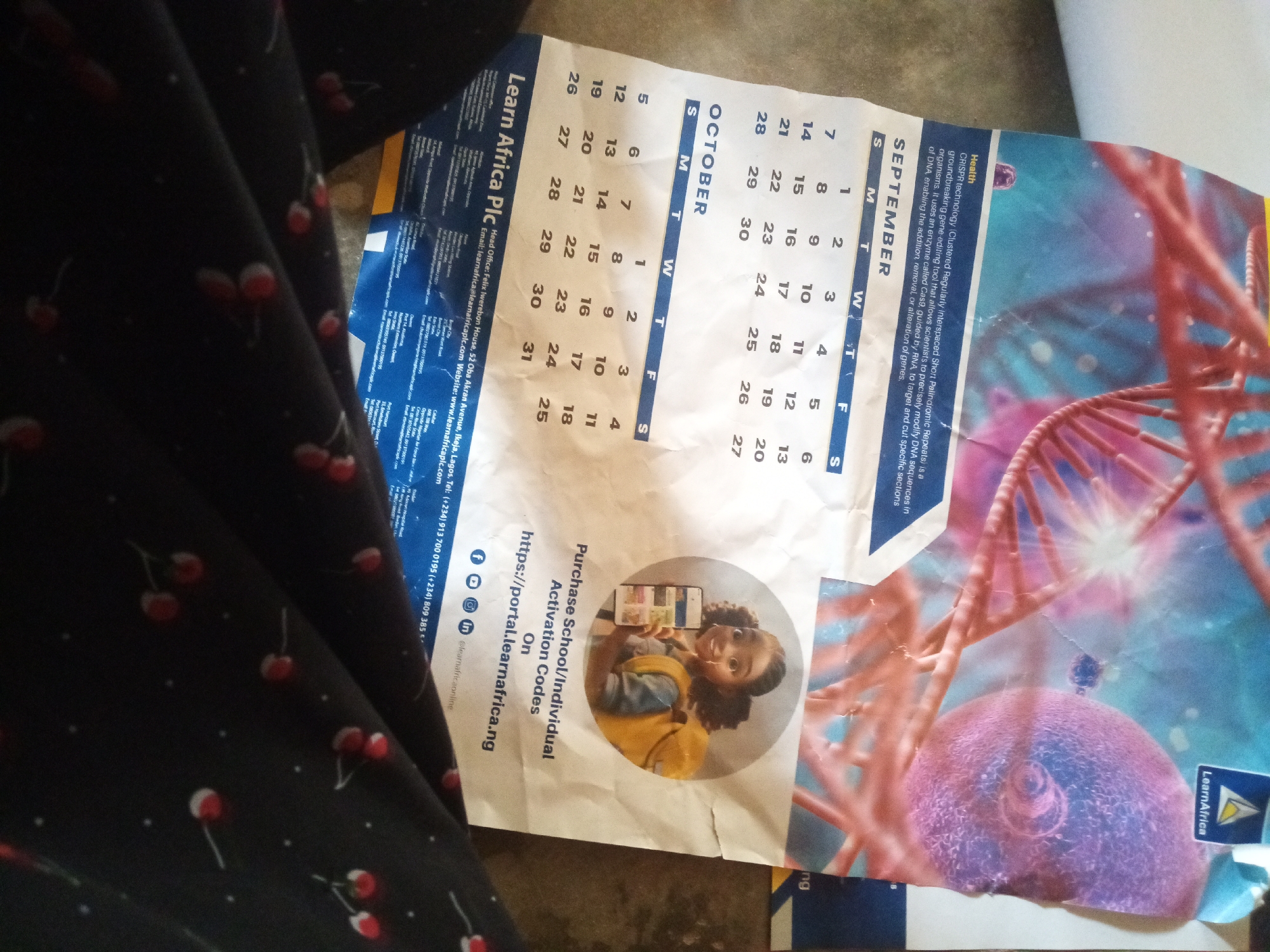 The image shows a portion of a calendar page from Learn Africa Plc, a Nigerian educational publishing company. The calendar displays the months of October and September. A small circular inset features a smiling young girl holding a mobile phone displaying educational content. The background of the calendar is adorned with a graphic representing a DNA helix and a cell, suggestive of a science or biology theme. The text "Learn Africa Plc" is prominently displayed, along with contact information including a phone number and website address. The company's head office is listed as being located at Felix Iwebon House, 52 Obafemi Awolowo Road, Ikeja, Lagos, Nigeria. There is no visible indication of the city of Jalingo, Nigeria in the provided image. The image also features part of a dark fabric with a cherry pattern in the foreground, partially obscuring the calendar.
