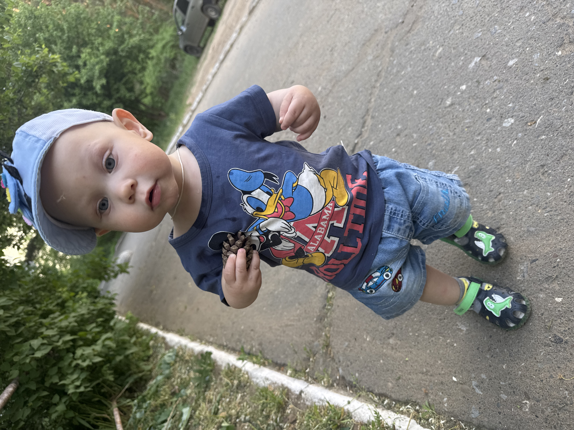 A toddler stands on a cracked asphalt surface, holding a pine cone in his left hand. He wears a blue baseball cap with a decorative element, a blue T-shirt with a Donald Duck design, and denim shorts with a car patch on the right leg. His feet are clad in dark sandals with green trim and dinosaur decorations. The asphalt shows signs of wear with cracks and small debris. To the left is a patch of green foliage, and in the background, a blurry image of a vehicle is visible on a lighter-colored pavement section. The image composition suggests the shot was taken from a high angle. I cannot reliably confirm the location within the city of Chaikovsky, Russia, based on the visual information provided.