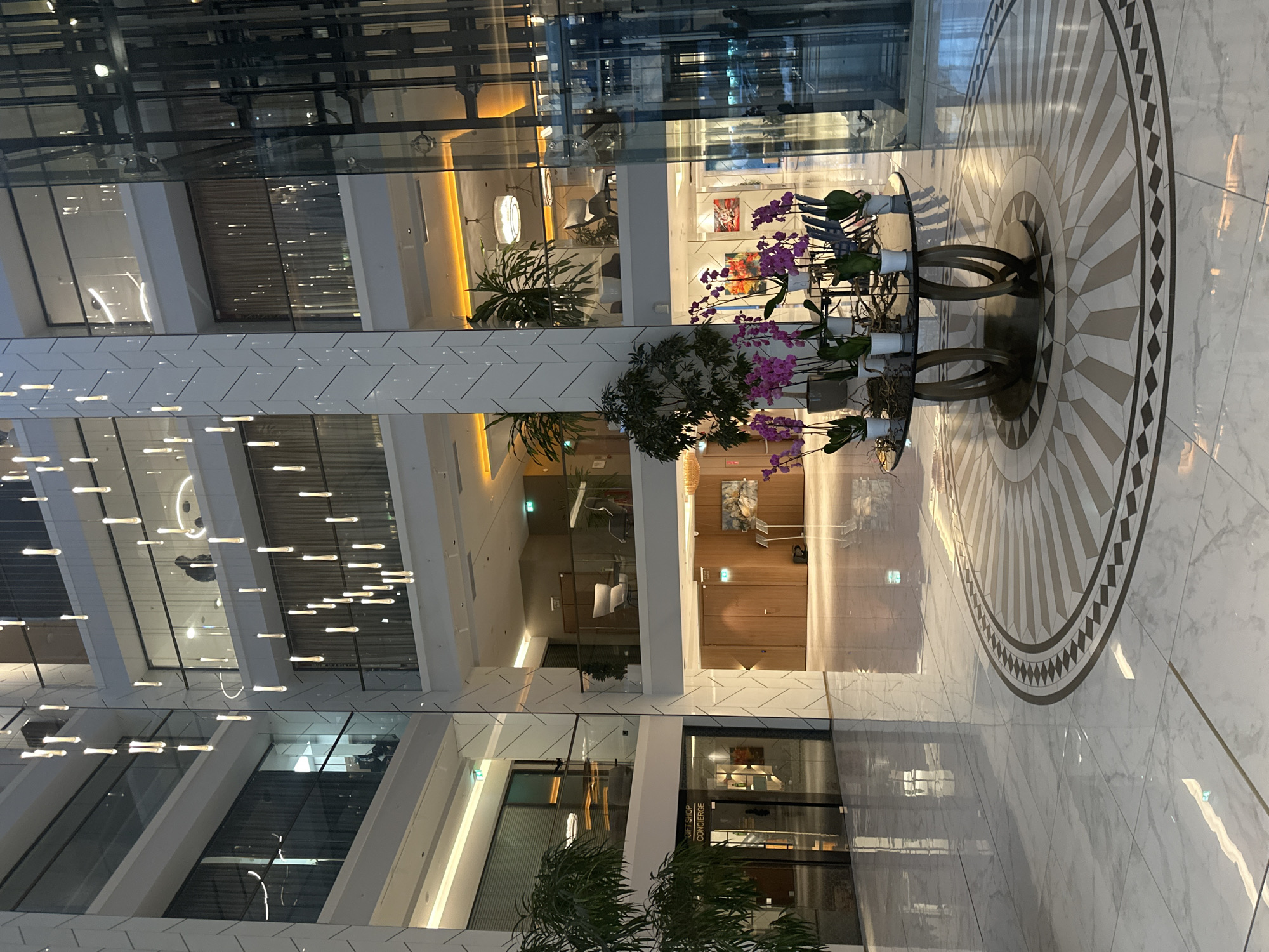 The image displays the grand interior of a modern, multi-story building, likely a hotel lobby or a corporate atrium, characterized by contemporary architecture and extensive use of glass. The perspective is from a lower floor, looking upwards and across an open central space.
On the ground level, a striking circular pattern is inlaid into the light-toned marble or tiled floor. This elaborate design features concentric rings of geometric shapes, including radiating stripes and a border of diamond motifs, in contrasting shades of beige and dark brown. Centrally placed on this pattern is a multi-tiered, dark-framed table holding numerous white pots containing vibrant purple and pink orchids, interspersed with green foliage plants.
The building's structure consists of prominent white pillars or walls, some adorned with subtle diagonal patterns, alternating with large panels of clear glass. These glass surfaces create reflections of the interior lights and structures, enhancing the expansive feel. Through the glass, various upper levels are visible, revealing well-lit indoor spaces furnished with modern chairs and tables, along with framed artwork on the walls. Numerous horizontal, glowing light fixtures are suspended at different heights throughout the atrium, contributing to the bright and sophisticated atmosphere. A large glass elevator shaft is also discernible towards the upper left.
The lighting is entirely artificial, suggesting either evening hours or an indoor environment designed for continuous illumination. A faint reflection of a person looking down can be observed in one of the upper glass panes. On a lower level, visible through a glass partition, a sign clearly reads "GIFT SHOP" and "CONCIERGE." The overall impression is one of luxury, cleanliness, and spaciousness, typical of modern developments in a city like Sofia, Bulgaria. No specific activities or events are taking place; the scene depicts a static architectural view.