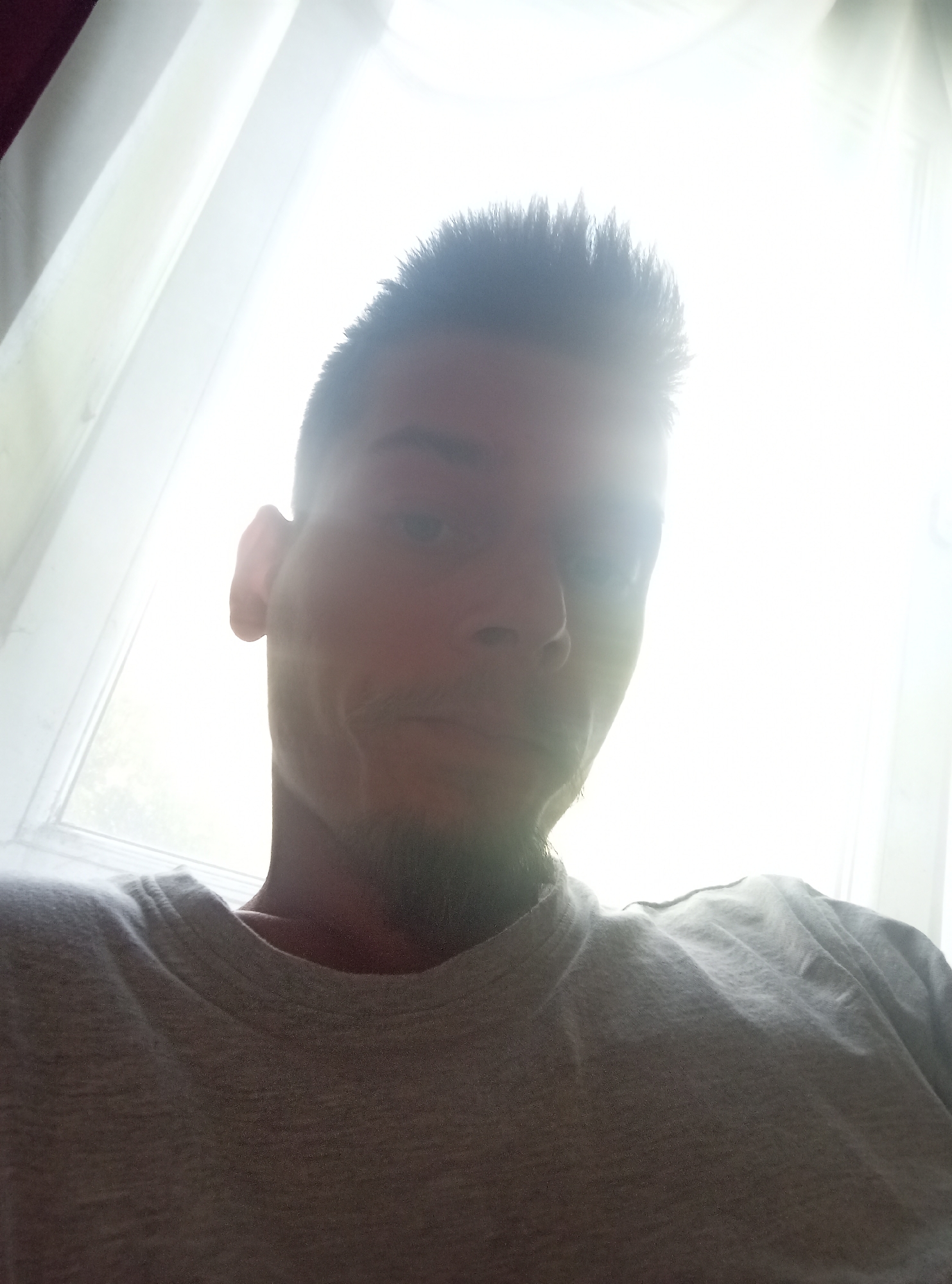 A young man is positioned in the foreground of the image, facing the camera directly. He has short, spiky dark hair and a light mustache and goatee. His expression is neutral. He is wearing a grey t-shirt. The background is dominated by bright, blown-out light, suggesting he is positioned in front of a window with strong backlighting. The light source is so intense that it obscures details of the environment outside the window, though faint outlines of curtains or blinds are visible. The lighting creates a halo effect around the man's head. The image appears to be a selfie taken in natural light, likely indoors. The man's location in Zīlāni, Latvia is not visually determinable from the provided image.