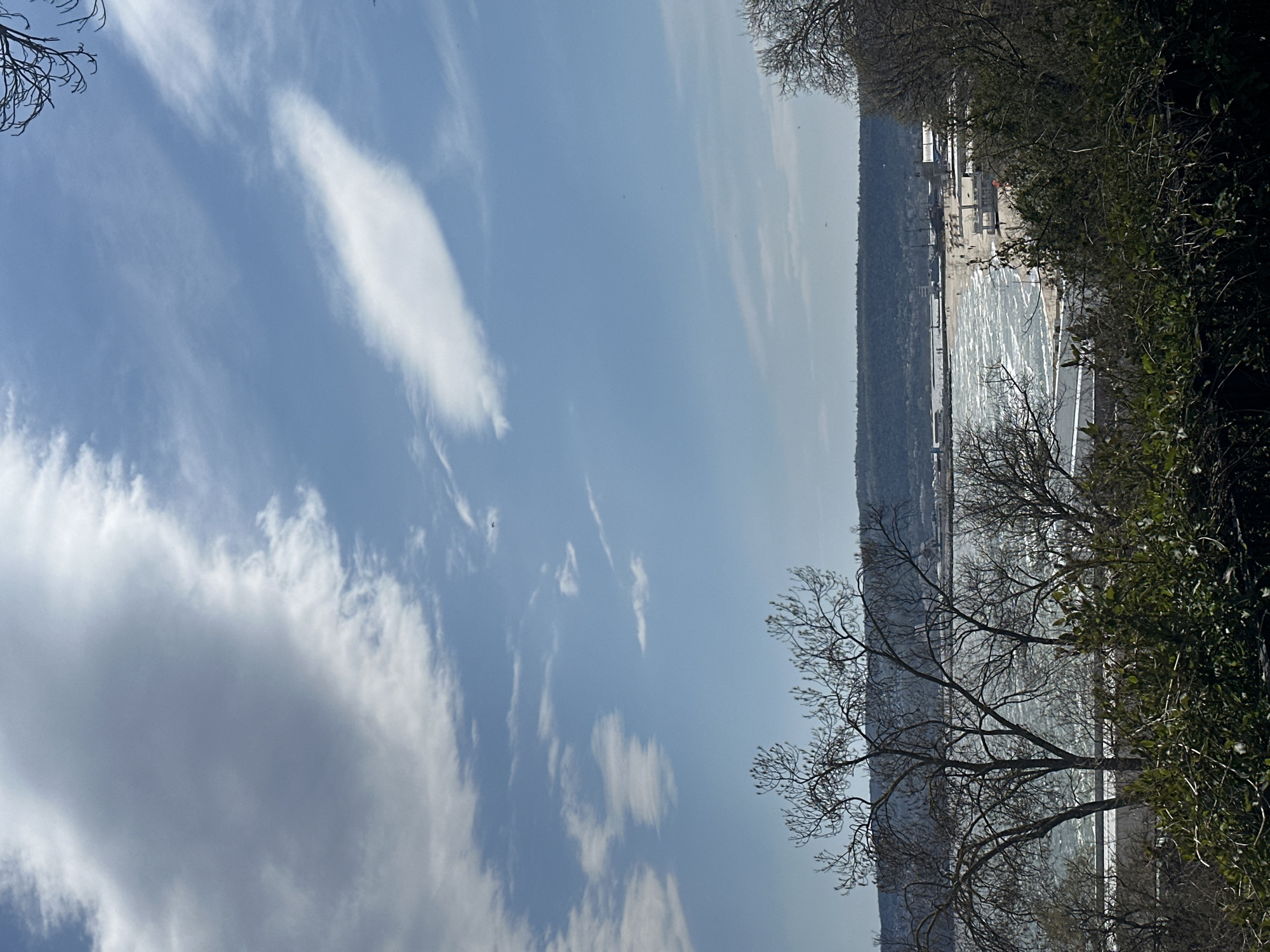 The image captures a panoramic coastal view from an elevated vantage point, looking out over a wide body of water, likely the Black Sea in Varna, Bulgaria. The sky occupies a significant portion of the frame, a clear light blue with scattered white clouds ranging from wispy cirrus to more substantial, diffuse formations.
In the foreground, trees and dense foliage frame the scene on both sides. On the left and lower right, bare tree branches with intricate patterns are silhouetted against the sky and water. On the right side, lush green bushes and trees form a thick border.
The middle ground features the expansive water body, which appears bright and reflective, particularly closer to the distant shoreline, indicating strong sunlight. Along the horizon, a long, narrow strip of land is visible, possibly a sandy beach or promenade, with indistinct buildings and structures appearing along its length. Tiny specks that could be distant people or objects are barely discernible on the shore.
The scene is brightly lit, suggesting it was captured during daytime, likely late morning or early afternoon, under clear and sunny weather conditions. The light creates shimmering patterns on the water. There is no visible text or explicit human activity, focusing instead on the natural beauty of the coastal landscape.