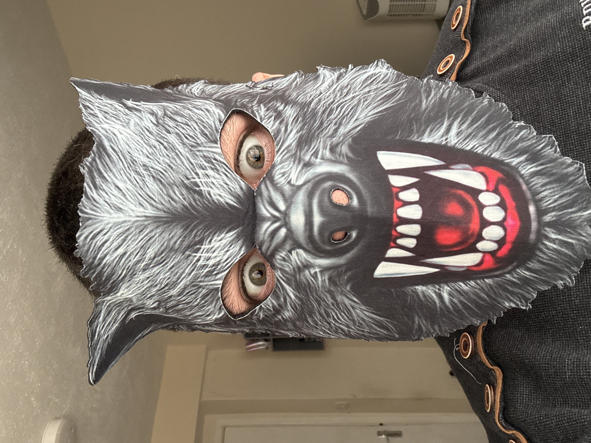 A person is wearing a werewolf mask. The image captures the person's eyes through the eyeholes of the mask. The mask features a grey and white werewolf face with a menacing open mouth revealing teeth and a red tongue. The surrounding environment includes a door, a wall and an item of clothing, which appears to be a black knitted garment with button detailing. The image does not provide enough information to identify the location as Welshpool, United Kingdom.
