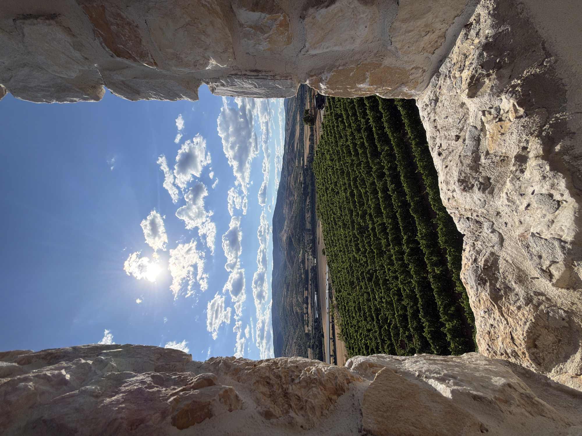 This is a landscape photograph taken from within a stone structure, possibly a tower or ancient wall, offering a framed view of a vineyard and the surrounding countryside. The foreground is dominated by the rough-hewn, textured stones of the structure on the left and right sides of the frame, creating an aperture through which the scene is viewed.
Beyond the stone frame, a vast vineyard with perfectly aligned rows of green grapevines stretches across the mid-ground, its lush foliage creating a dense carpet of green. The vineyard is situated on gently sloping terrain, leading the eye towards the horizon.
In the background, rolling hills covered in a mix of vegetation and cultivated land recede into the distance. A highway with a few vehicles is visible crossing a plain between the vineyard and the hills. Further back, the landscape becomes more mountainous, with a hazy, undulating silhouette against the sky.
The sky is a vibrant blue, punctuated by scattered white, fluffy cumulus clouds. The sun is prominently visible, shining brightly and casting strong light and shadows, with visible sun rays emanating outwards. The overall impression is one of a clear, sunny day in a rural, possibly wine-producing region.
Based on visual cues and common geographical features, this image is likely located in or near the town of Kocherinovo, Bulgaria, which is known for its vineyards and scenic countryside.