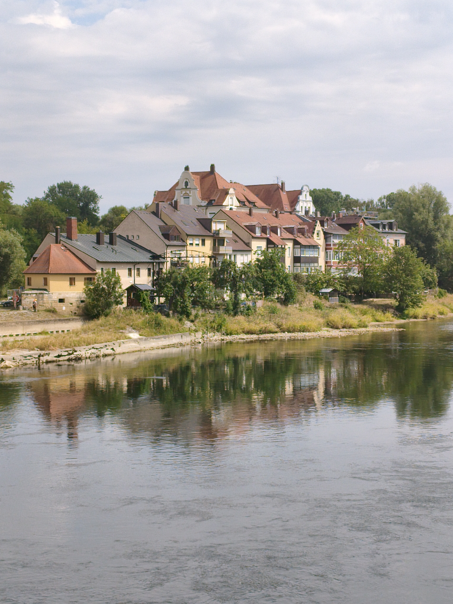 This image depicts a section of the city of Regensburg, Germany, specifically showcasing the historic buildings lining the banks of the Danube River. The architecture features a mix of traditional European styles, characterized by red-tiled roofs, stucco facades in various earthy tones like yellow and beige, and visible chimneys. Several structures appear to be residential or commercial, with arched windows and balconies on some of the buildings. The Danube River dominates the foreground, its surface reflecting the buildings and trees on the opposite bank. The water appears calm but with subtle ripples. The embankment in front of the buildings is reinforced with stone and concrete, with some overgrown vegetation and grass. Trees, both deciduous and evergreen, are interspersed among the buildings and form a green backdrop. The sky is partly cloudy, with a mix of white clouds and patches of blue. The overall scene conveys a sense of historical charm and peaceful riverside living. There are no discernible people or specific actions occurring in the frame.