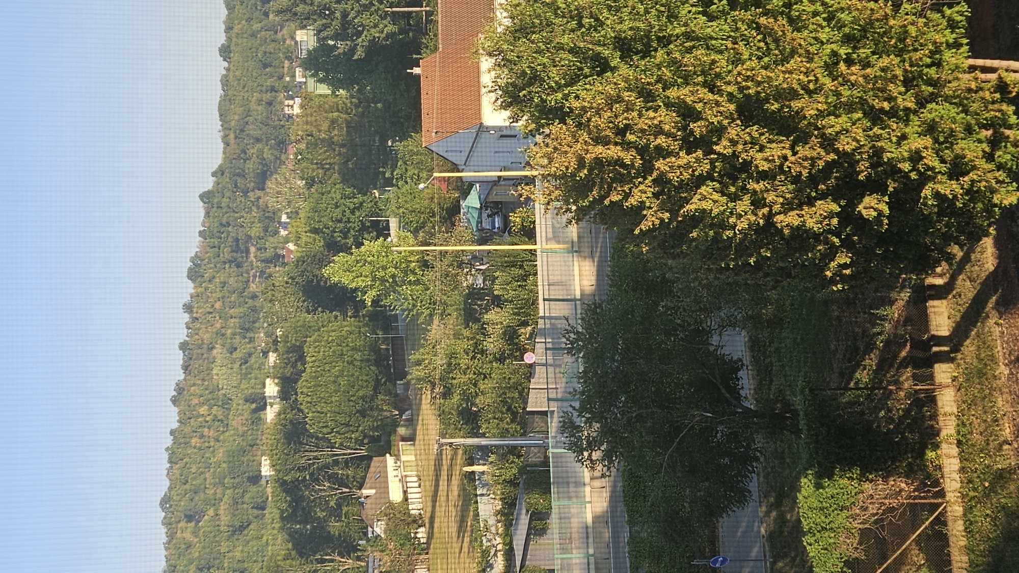This is an outdoor, elevated, long-shot photograph taken on a clear day, likely in the late afternoon given the long shadows. The scene depicts a suburban or semi-rural area. In the foreground, dense foliage of trees and bushes is visible, with long shadows cast across the ground. A paved road with a blue traffic sign is partially visible. Further back, a road or highway barrier lined with fencing separates the foreground from a middle ground. Beyond the barrier, several houses with red tiled roofs and a church-like structure with a white facade are nestled among lush green trees. A white van is parked under a green canopy near one of the houses. In the background, a densely wooded hill rises, dotted with more houses. The sky is a clear, pale blue. The image appears to be taken through a screen, as a faint grid pattern is visible across the entire photograph. The specific location within Prešov, Slovakia, cannot be determined from the visual information alone.