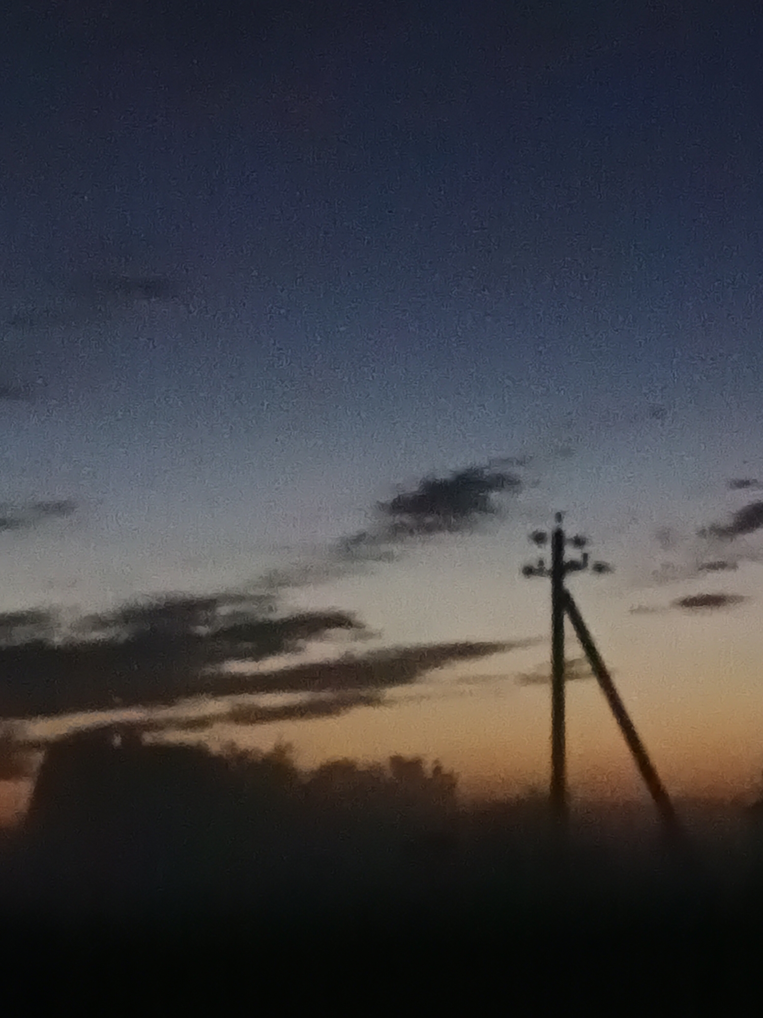 This is a slightly grainy, vertical, full-frame, outdoor photograph taken at dusk. The sky transitions from a deep blue at the top to an orange hue closer to the horizon. Dark clouds are scattered across the sky. In the mid-ground, a silhouetted utility pole with insulators stands prominently against the colorful sky, supported by a diagonal brace. Below the pole, the dark silhouette of trees or foliage stretches across the lower portion of the image, obscuring the ground. The overall scene suggests a rural or semi-rural setting, possibly on the outskirts of Воскресенское, Russia. There are no people visible in the frame, and no specific actions or interactions are depicted. The lighting is low, characteristic of twilight.