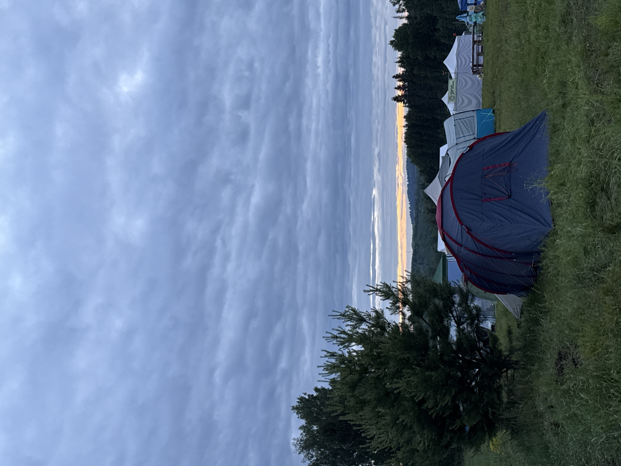 The image depicts an outdoor camping or event site, likely at either dawn or dusk, under an overcast sky. The location is Большая Кивара, Russia.
The upper approximately two-thirds of the frame are dominated by a dense formation of stratocumulus or altocumulus clouds, appearing in shades of blue-grey and dark grey, indicating heavy cloud cover. A narrow horizontal band of light, transitioning from white to orange-yellow, is visible along the horizon line, suggesting the presence of a rising or setting sun beneath the clouds.
The horizon is defined by a dense line of dark green coniferous trees, appearing as a thick forest boundary. Beyond this forest, rolling terrain or distant hills are faintly visible.
The midground and foreground consist of a grassy field. A prominent, dark green coniferous tree, possibly a pine or fir, stands in the left portion of the image, extending from the bottom edge to approximately the mid-frame height.
Multiple tents are set up across the grassy area. In the immediate foreground, a dark blue tent with red structural accents and zippers is centrally placed, facing slightly left. To its right and further back, another blue and white tent is visible. Beyond these, a cluster of white tents, some with pointed roofs (possibly marquees or event tents), are arranged, some appearing connected. A sign with Cyrillic text, reading "КОМНАТА ДЛЯ ЖДАНИЯ" (Room for Waiting), is visible on one of the white tents. Below these white tents, wooden tables and benches are discernible. Two blue, conical figures, possibly garden gnomes or decorative elements, are situated near the white tents on the far right.
The grass in the foreground is varied in length and texture, appearing natural and unmanicured. No individuals are visible anywhere in the scene. The overall lighting is dim and diffused, consistent with twilight or an heavily overcast day.