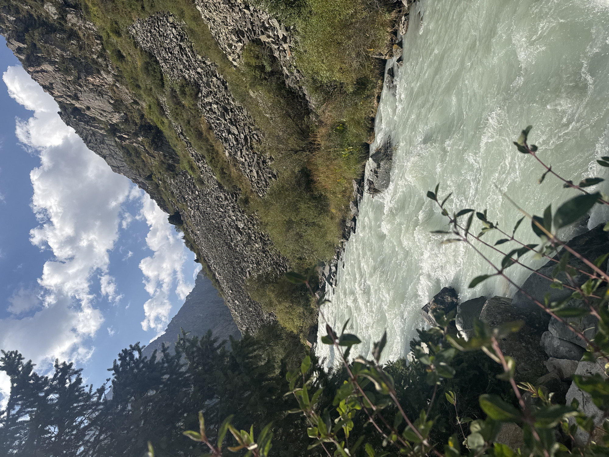 A fast-flowing, milky-turquoise river cuts through a rocky mountain canyon. The riverbanks are covered with large, gray stones and sparse green bushes and trees. The canyon walls are steep and rugged, with scree slopes and rocky outcrops. The sky above is a vibrant blue, dotted with fluffy white clouds. In the foreground, out-of-focus green foliage partially obscures the view, adding a sense of depth and natural framing to the scene. The lighting suggests it is daytime, possibly late morning or early afternoon, with sunlight casting shadows on the canyon walls. The overall impression is one of wild, untamed natural beauty.