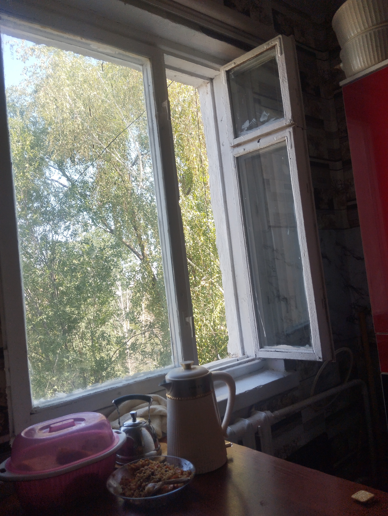 The image depicts an indoor scene looking out a partially open window. The window frame is white and appears weathered. Outside the window, lush green trees with sunlight filtering through them are visible, suggesting a daytime setting, likely spring or summer. On a wooden surface in the foreground, there is a pink plastic food carrier with a lid, a small metal teapot, a dish of food that appears to be rice with vegetables and possibly meat, and a tall, light-colored pitcher or thermos with a patterned band. To the right of the window, a red appliance, possibly a refrigerator, is partially visible. The overall impression is of a domestic setting, likely a kitchen or dining area. The provided location is Orlovka, Kyrgyzstan, which is a village in the Issyk-Kul Region.