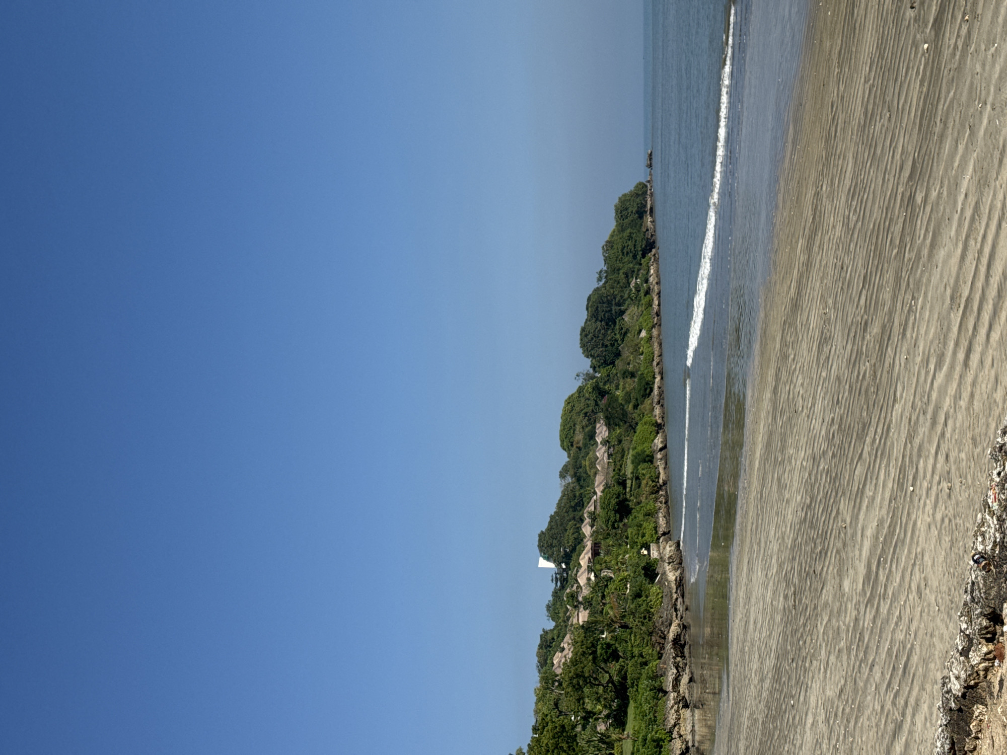 This image captures a serene coastal landscape under a bright, clear blue sky, likely during daytime. The scene is horizontally divided, featuring a lush landmass, the ocean, and a sandy beach.
On the left, a verdant cliffside or hill is densely covered with tropical trees and vegetation. Scattered among the greenery are several small buildings or bungalows, identifiable by their natural-colored or thatched roofs, suggesting a resort or residential area. A prominent white structure, possibly a villa or a religious building, is also visible higher on the hill.
The calm ocean extends across the middle, meeting the shore with a gentle, thin line of white surf. The water appears clear.
To the right, a wide sandy beach displays distinct ripple patterns on its surface, indicating the effects of water or wind. Small shells or natural debris are sparsely scattered on the sand, particularly in the foreground.
There are no people or specific activities depicted, contributing to the tranquil and peaceful atmosphere. The weather is sunny with a cloudless sky. The tropical foliage and architectural style are consistent with a location like Kuta Selatan, Indonesia. No visible text is present in the image.