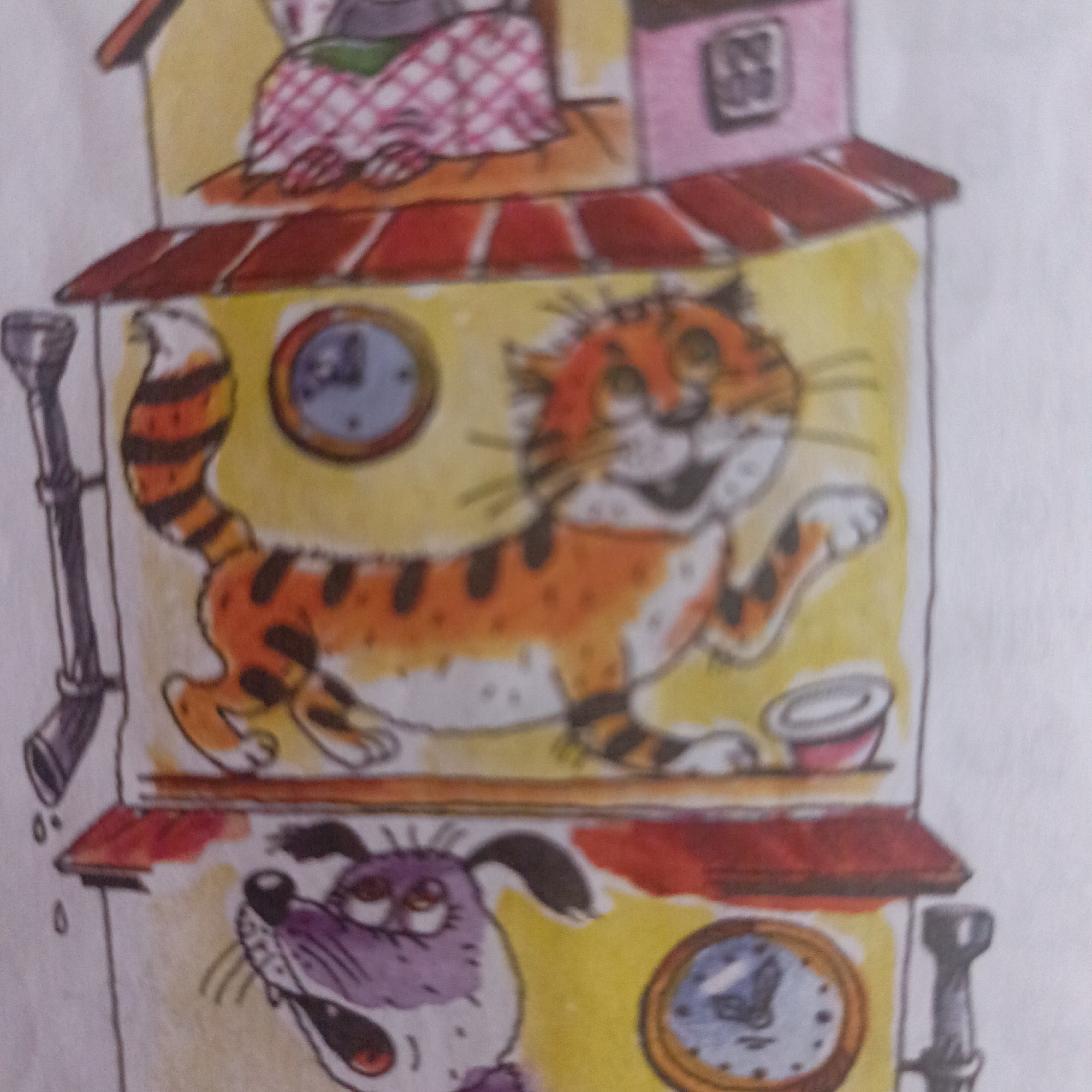 This is a colorful cartoon illustration depicting a whimsical, multi-story structure, possibly a stylized cuckoo clock or a stacked house. The image features three distinct levels, each housing a character or scene.
On the middle level, a vibrant orange and black striped cat, resembling a tiger, is prominently featured. The cat has a wide, happy, open-mouthed expression and is shown with one paw raised, suggesting movement, playfulness, or surprise. To the left of the cat, a round clock face is visible, with hands pointing to approximately 10:50. To the right, there's a small white bowl with a pink interior. On the left side of this level, a dark, pipe-like object hangs vertically, with small drips indicated at its base.
The bottom level reveals the head of a purple and white dog, looking upwards with wide, somewhat surprised or worried eyes and an open mouth. A round clock face is also visible on this level, to the right of the dog, with hands indicating a time around 11:55.
The top level is less distinct, showing a figure partially obscured by a pink and white checkered blanket or quilt, suggesting someone is sleeping or resting. A small, square, dark outline, possibly a window or a picture frame, is visible on the pink wall of this top section.
The overall scene is rendered in a bright, illustrative style, with yellow walls for the main sections, red roofs between the levels, and a light background. No text is visible in the image. The arrangement of the animals and clocks suggests a narrative or a moment captured within this playful, imaginative setting.