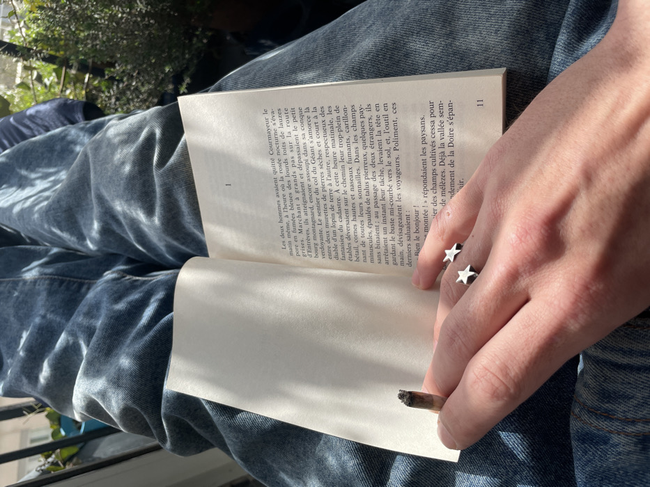 A first-person perspective image depicts a person relaxing on a balcony or patio in Paris, France. The subject wears light blue denim jeans, illuminated by direct sunlight which casts distinct shadows. The person's left hand, visible in the foreground, holds an open paperback book with French text. A lit, hand-rolled cigarette with a visible ash tip is held between the thumb and index finger of the left hand. Two silver-colored, star-shaped rings are worn on the index and middle fingers of the same hand. The visible right page of the book displays printed French text and the numeral "11" at the bottom right. The background, blurred, shows green potted plants, a dark-colored metal railing, and a faint glimpse of a light-colored building.
