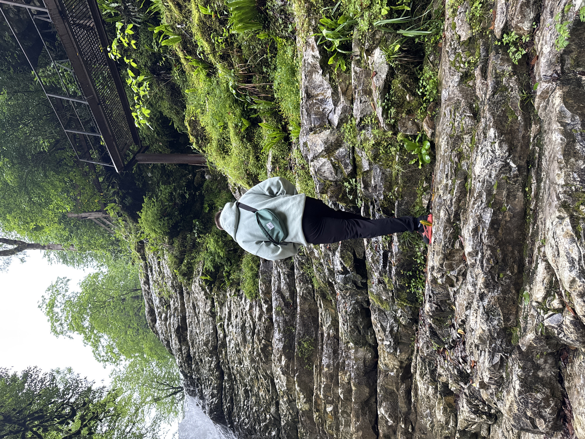 The image shows a person standing on a layered rock formation in a natural environment. The person is wearing a light-colored hooded sweatshirt, black pants, and athletic shoes with red accents, with a green bag slung across their back. They are positioned facing away from the camera. The rock formation is characterized by vertical striations and is partially covered with moss and various green plants. To the left of the rock formation, there is a view of trees with green foliage, suggesting a forest or wooded area. Above the person and to the left, there is a metal structure, resembling a bridge or platform, partially obscured by trees. The bottom left corner suggests the presence of a waterfall, based on the blurred water. The location is identified as Tsabal, Abkhazia, though specific landmarks are not visible.