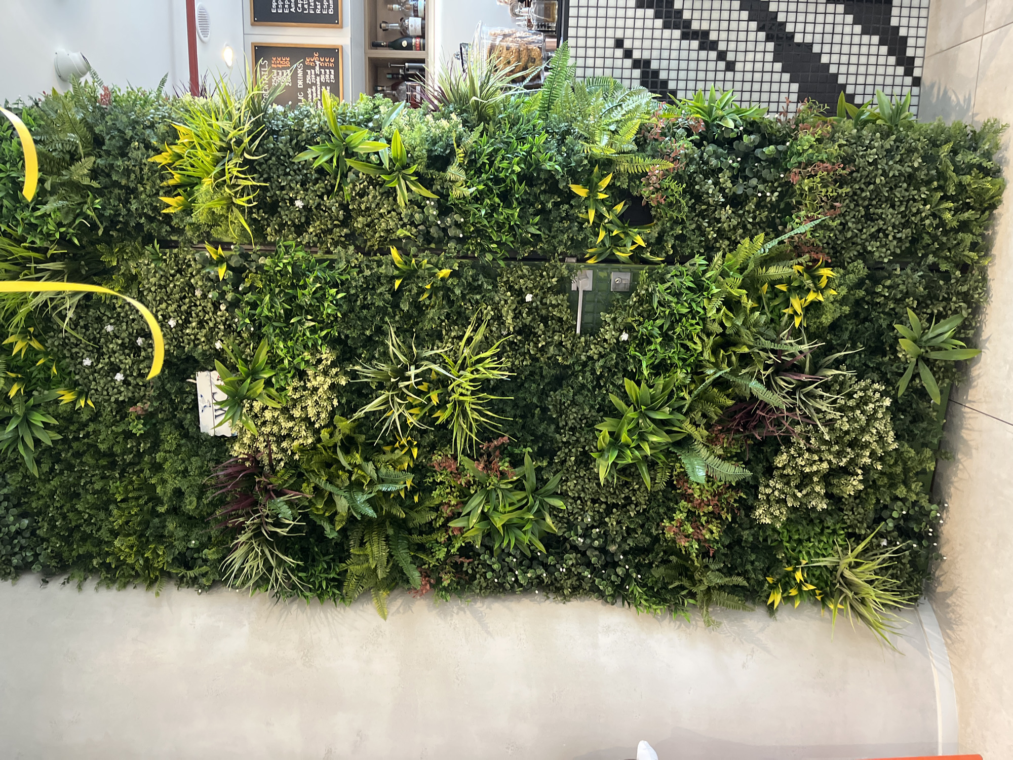 An interior scene captured in Boreti, Montenegro, features a floor-to-ceiling artificial green wall that dominates the central and right portions of the image. The green wall, approximately 2.5 to 3 meters in height, is densely packed with various types of artificial foliage, primarily in multiple shades of green, interspersed with yellow, reddish-brown, and small white plant elements. A door is integrated into the green wall, identifiable by a horizontal silver handle positioned at approximately mid-height and a subtle vertical seam running from top to bottom.
To the left of the green wall, a plain, light grey wall with a smooth texture is visible. A small, vertical orange object is present at the bottom left edge of the frame.
To the right of the green wall, elements of a commercial establishment are visible. Two dark-framed menu boards display white text, with one clearly listing "COCKTAILS" and associated prices in Euros, and another partially visible board mentioning "Espresso" drinks. Below the menu boards, a bar counter is visible, featuring shelves behind it stocked with various bottles. A large, transparent glass jar filled with cookies rests on the counter surface. The lower section of the bar counter is faced with small black and white square mosaic tiles arranged in a geometric pattern.
Two yellow, ribbon-like streamers are draped across the upper left section of the green wall. The floor is covered with light-colored, possibly beige or light grey, tiles. Overhead lighting fixtures are partially visible near the top of the frame. No individuals are present or engaged in any actions within the depicted scene.