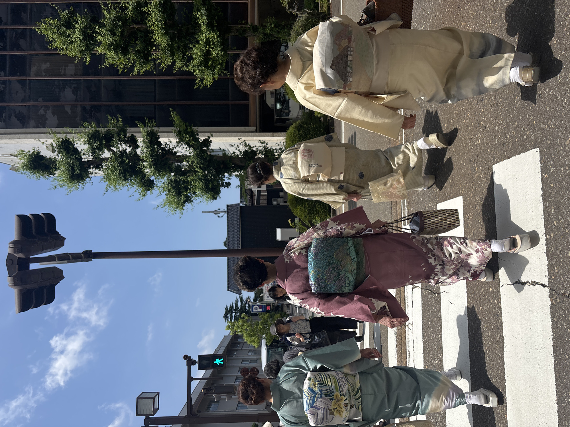 Four women in traditional kimonos are depicted walking away from the viewer, crossing a zebra-marked asphalt street from left to right, in the city of Kanazawa, Japan. The scene is illuminated by bright daylight under a clear blue sky with sparse white clouds.
From left to right, the women are dressed as follows:
1. A woman in a pale teal kimono with a multicolored obi featuring large leaf and floral patterns. She wears white tabi socks and white platform sandals.
2. A woman in a dark pink kimono with a floral print near the hem and sleeves, paired with a shimmering teal and green obi. She wears white tabi socks and light-colored platform sandals.
3. A woman in a light beige kimono with small blue geometric motifs, and a cream-colored obi bearing a red-stamped design. She wears white tabi socks and light-colored sandals.
4. A woman in a pale yellow kimono with an obi depicting a landscape scene including a thatched-roof house and mountains. She wears white tabi socks and brown/gold sandals.
Each of the four kimono-clad women carries a bag: the leftmost carries a light woven bag, the second a dark woven bag, the third a translucent patterned bag, and the rightmost a dark woven basket-like bag.
In the mid-ground, a fifth woman wearing a hat, a patterned top, and dark trousers is visible walking towards the camera on the opposite side of the street.
The street features a white zebra crossing, with a visible crack in the asphalt in the foreground. On the left, a traffic light pole displays a green pedestrian "walk" signal. A larger, dark-colored traffic light pole with multiple light heads stands centrally in the upper frame. Buildings with windows and green foliage from trees line both sides of the street. Shadows of the people and the central traffic light pole are distinctly cast on the street surface.