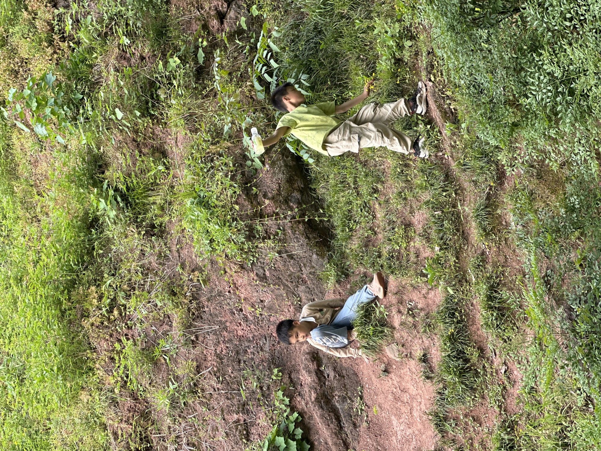 Two boys are situated in a natural environment that appears to be a hillside with vegetation. The area has dirt patches, grass, and foliage.
One boy is lying on his back, with his arms outstretched, holding a water bottle. He is wearing a light green T-shirt and beige cargo pants with dark shoes.
The other boy is sitting, with his legs bent, wearing a tan jacket over a striped shirt and blue jeans.
The image has been rotated, with the top of the photo oriented to the left. The environment is indicative of a natural setting, but there is no clear indication of it being specifically Liangjiang, China, from the details in the image alone.