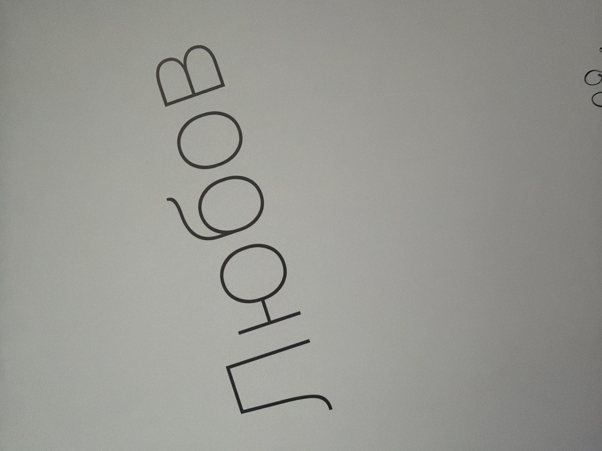 The image shows text on a plain, light gray background. The text appears to be handwritten or in a stylized font. It is oriented vertically, running from the top left to the bottom right of the image. The text consists of several characters that resemble letters, arranged in a sequence. Specifically, the characters "B", "O", "O", "H", and what looks like a stylized "T" or "L" shape with a curved tail at the end are visible. To the right of the main text, a smaller, separate set of characters are visible, appearing to be "60". The lighting is even, with no discernible shadows, suggesting an indoor setting or an overcast day. There are no people, objects, or environmental details to provide further context about the scene or any activity taking place. The image's focus is solely on the text itself.