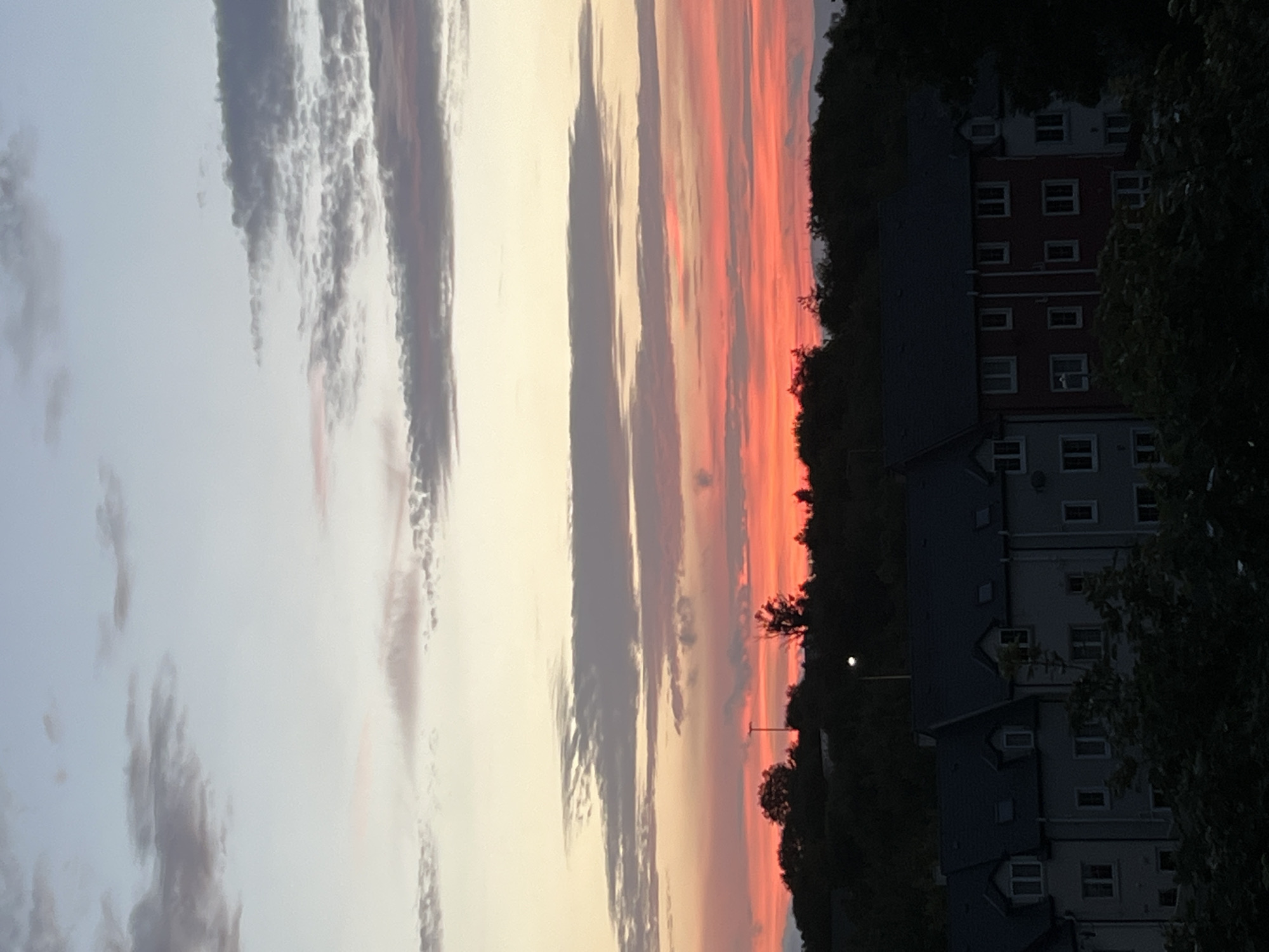 The image captures a sunset over the town of Mountcharles, Ireland. The sky is a gradient of colors, starting with pale blue at the top, transitioning through soft yellows and oranges, and culminating in a vibrant band of deep red and pink hues near the horizon. Scattered clouds, tinged with gray and pink, streak across the sky.
Below the sky, a dark silhouette of trees and rolling hills forms the mid-ground. A tall lamppost with a single light at its peak is visible on the crest of one of the hills. In the foreground, a row of multi-story residential buildings is visible. These buildings have dark roofs and light-colored facades, with visible windows and dormer windows. Some are darker than others, suggesting different building materials or lighting conditions. The lower part of the image is filled with the dark shapes of trees and foliage, obscuring the very base of the buildings and the ground. The overall impression is a quiet, residential evening scene during twilight.
