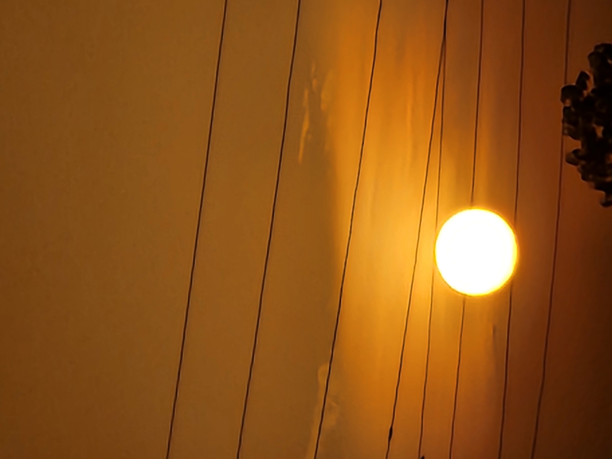 A low-angle view of an orange sky, possibly at dawn or dusk, punctuated by the sun, which appears as a bright, circular orb near the right side of the frame. Thin, dark power lines traverse the sky diagonally from the upper left to the lower right, adding linear elements to the composition. A dark, undefined mass, possibly foliage or trees, is visible in the upper right corner. The location is likely in a city, as evidenced by the presence of power lines, but the specific city is unknown.