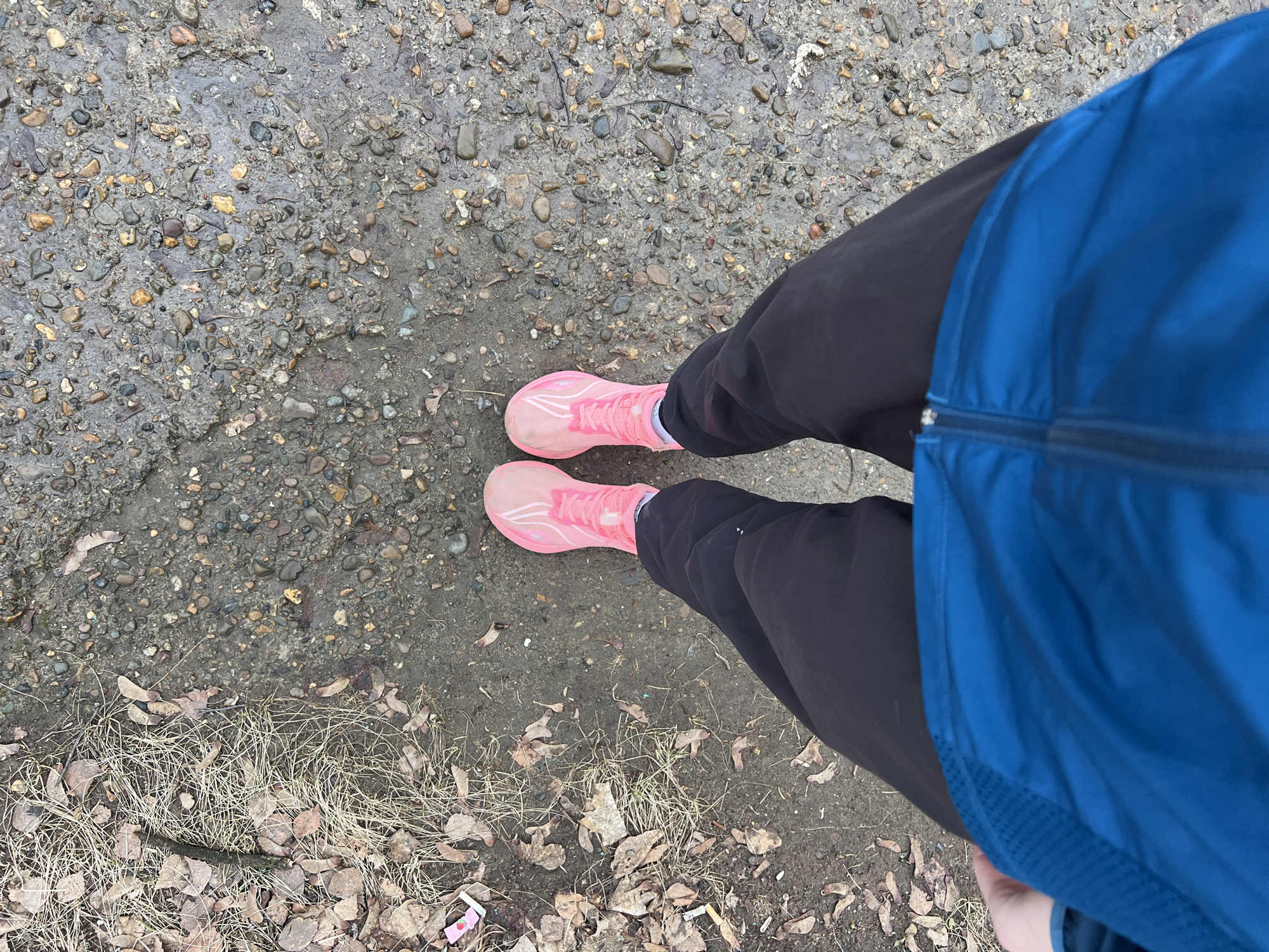 A first-person perspective shot depicts a person standing on a muddy surface composed of dirt, pebbles, and decaying leaves. The person is wearing black sweatpants, a blue jacket, and bright pink sneakers. The location is inferred as being outdoors due to the presence of natural elements and the absence of any discernible architectural elements. The city of Chaikovsky, Russia, cannot be determined from this image.